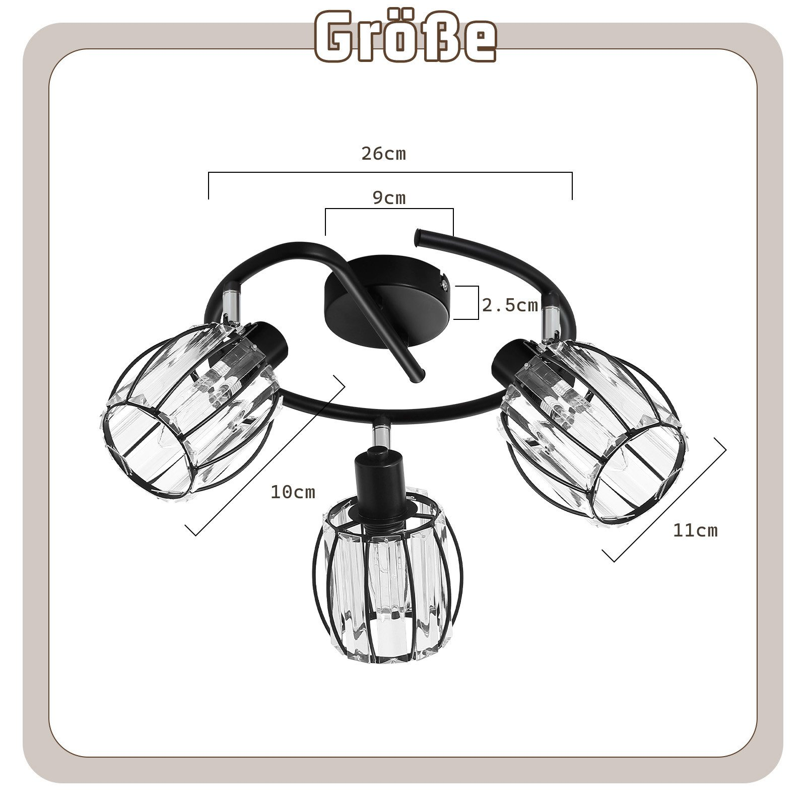Un diagramma mostra le dimensioni di una plafoniera con tre lampade ricoperte di cristallo e una struttura nera.