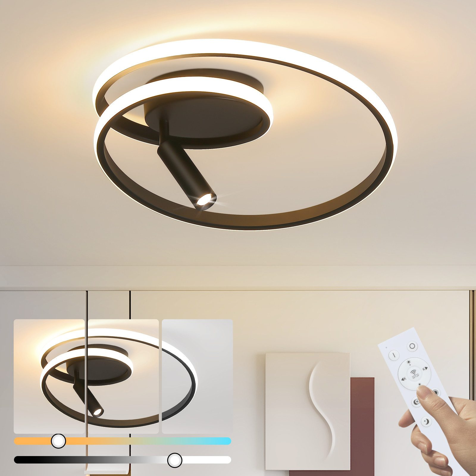 Moderna plafoniera a LED a spirale, temperatura colore regolabile, controllata da un telecomando in una mano.