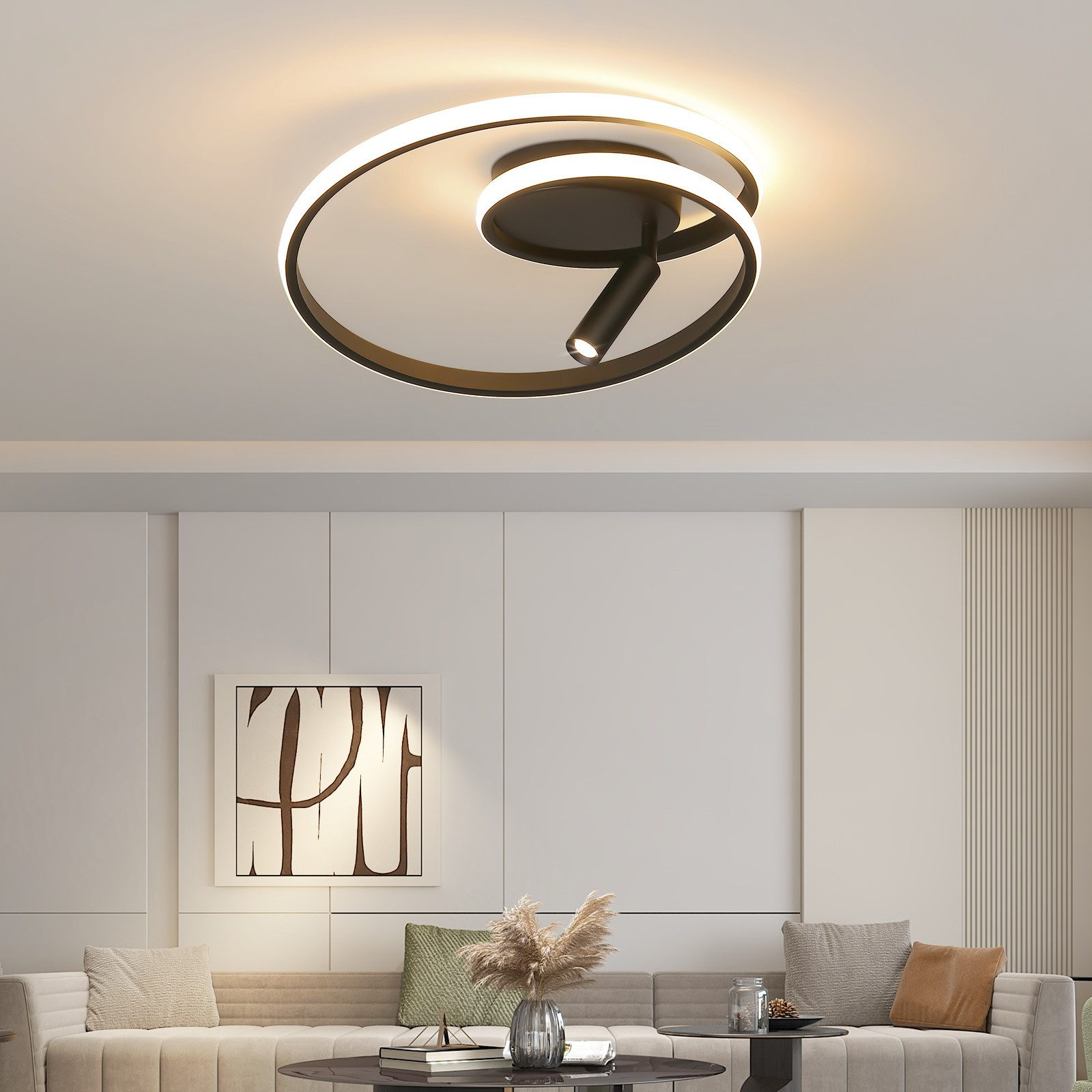 Moderna plafoniera a LED con un design a spirale, che illumina un soggiorno con un arredamento elegante.