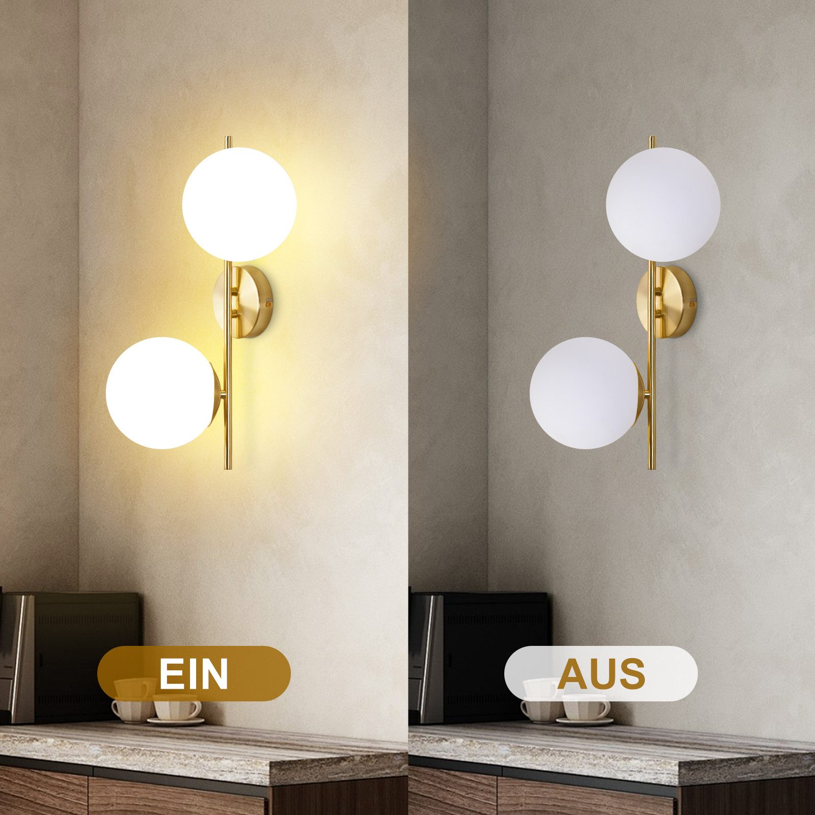 Una lampada da parete dorata con due lampade sferiche bianche, mostrata accesa e spenta.