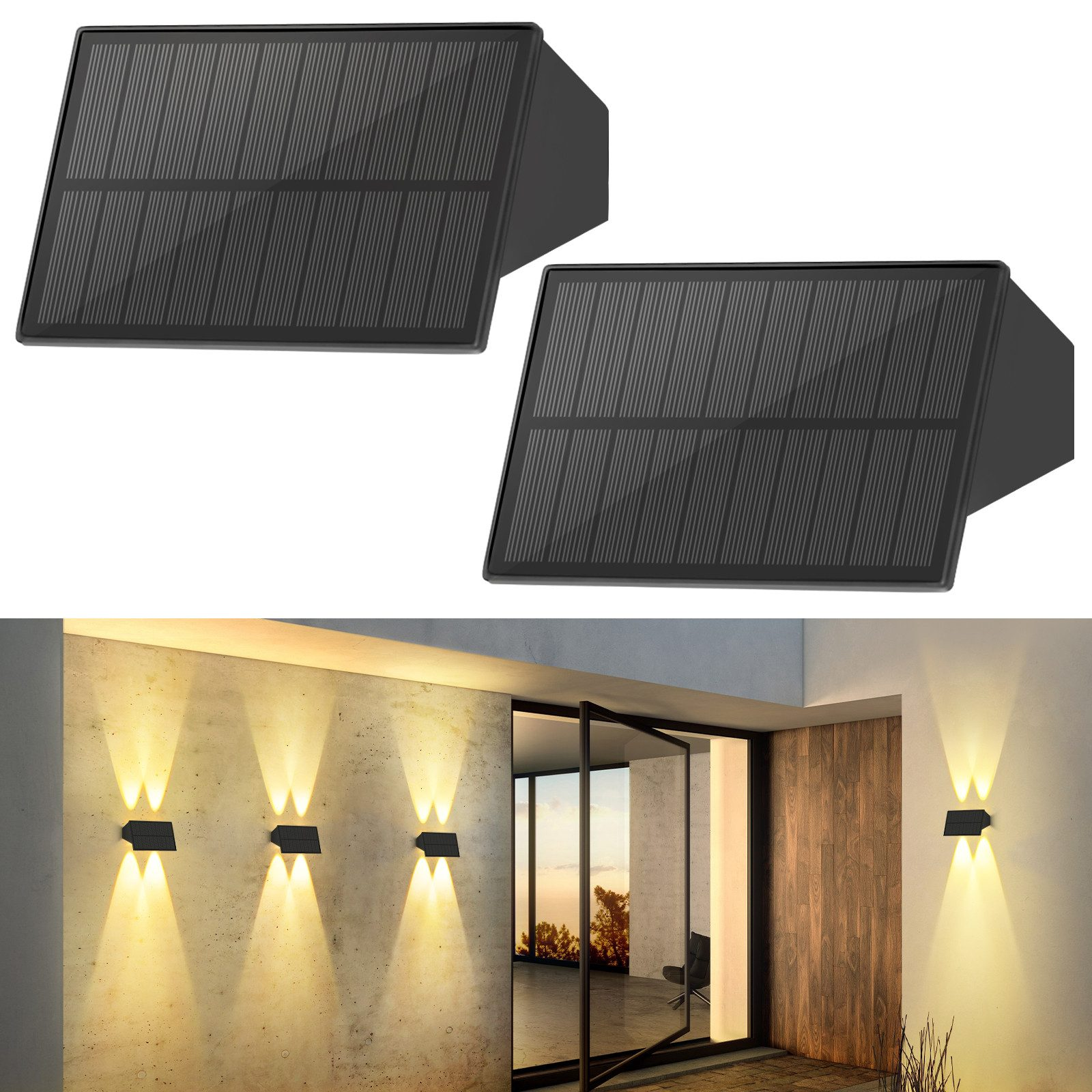 Zwei schwarze Solarwandleuchten, mit einer Szene, die zeigt, wie sie an einer Wand montiert sind.