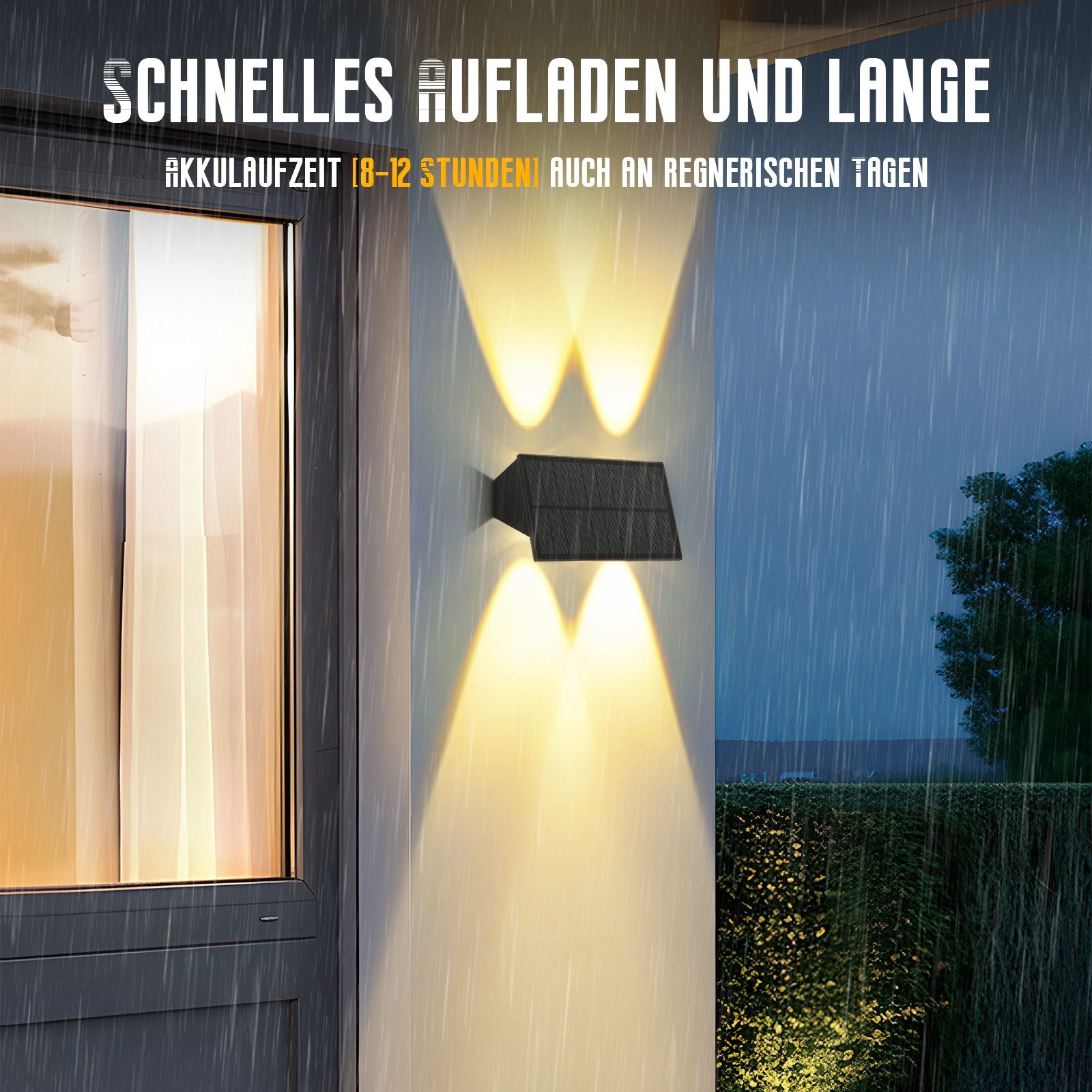 Außenwandleuchte mit dualer LED, die in einer regnerischen Nacht Licht auf eine Wand und einen Garten wirft und ihr wasserdichtes Design zeigt.