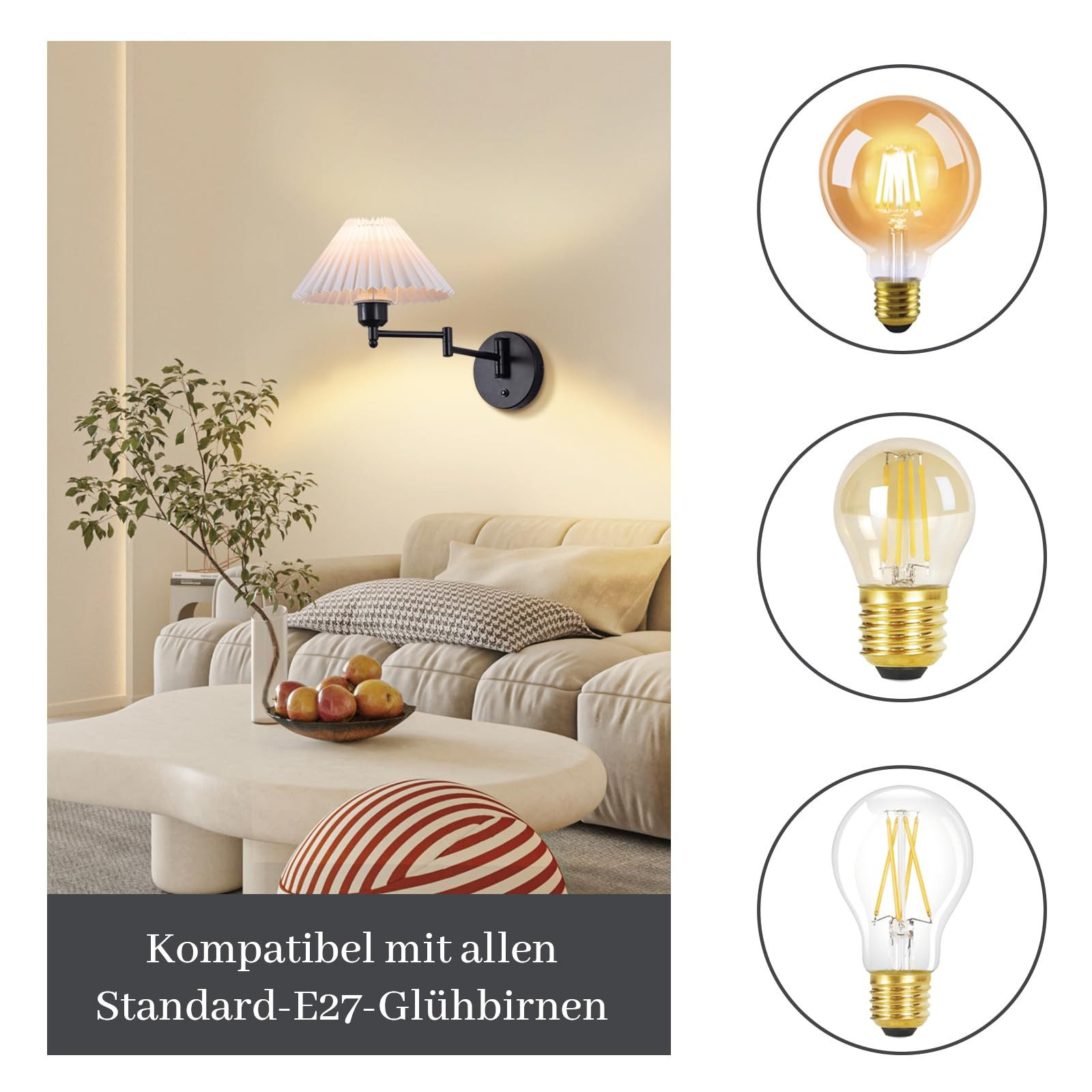 Un'applique nera montata a parete con paralume bianco plissettato illumina uno spazio abitativo, mostrato con lampadine E27 compatibili.