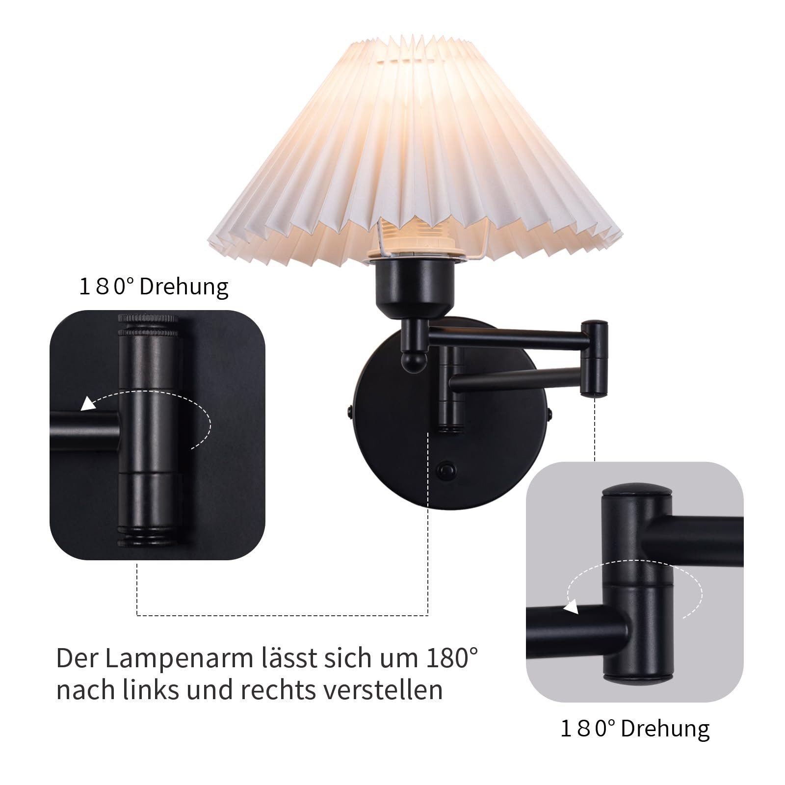Diagramma che mostra una lampada da parete nera con braccio regolabile, che dimostra la sua capacità di rotazione a 180 gradi per un'illuminazione personalizzata.