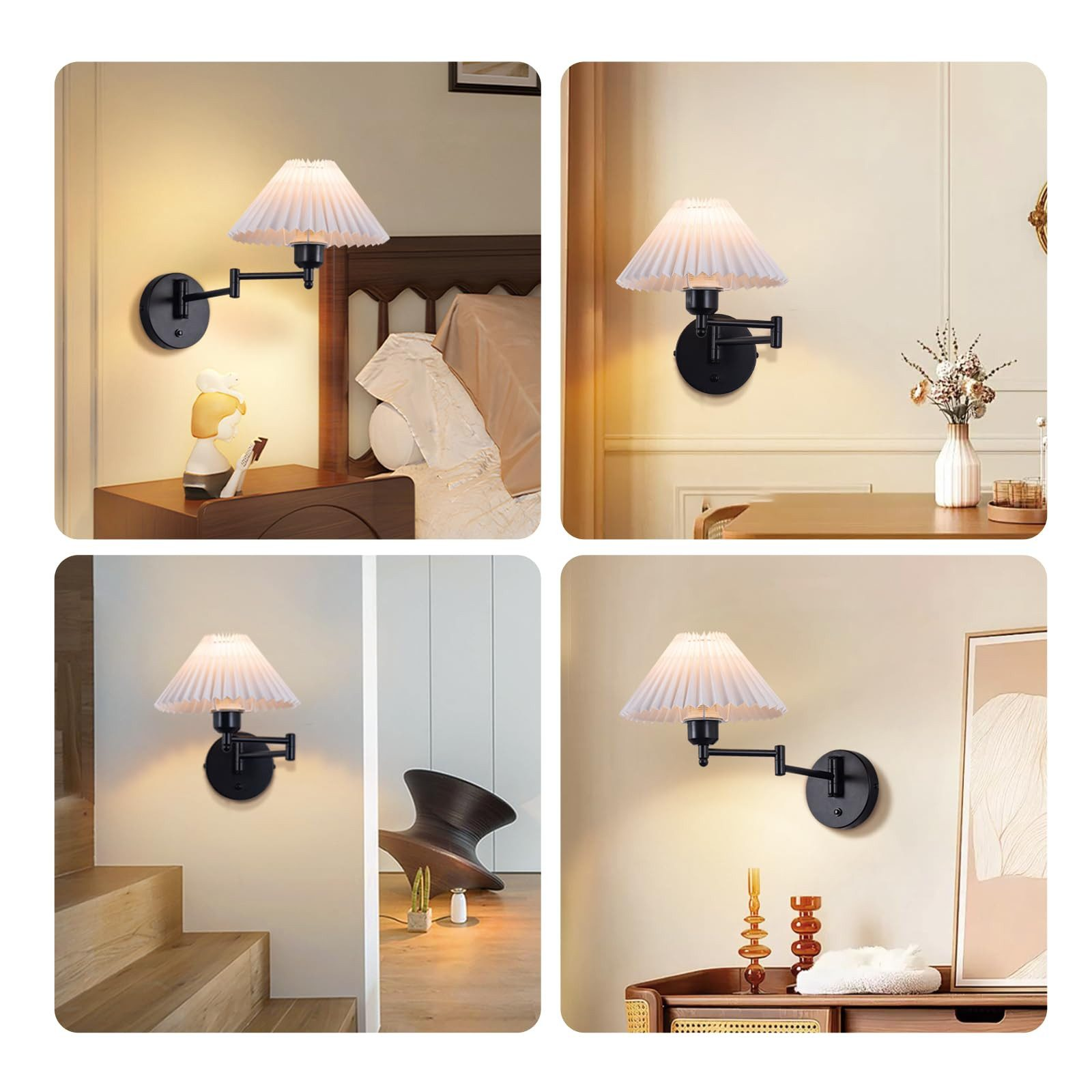 Il collage mostra una lampada da parete nera regolabile con un paralume bianco plissettato in varie ambientazioni per soluzioni di illuminazione versatili.