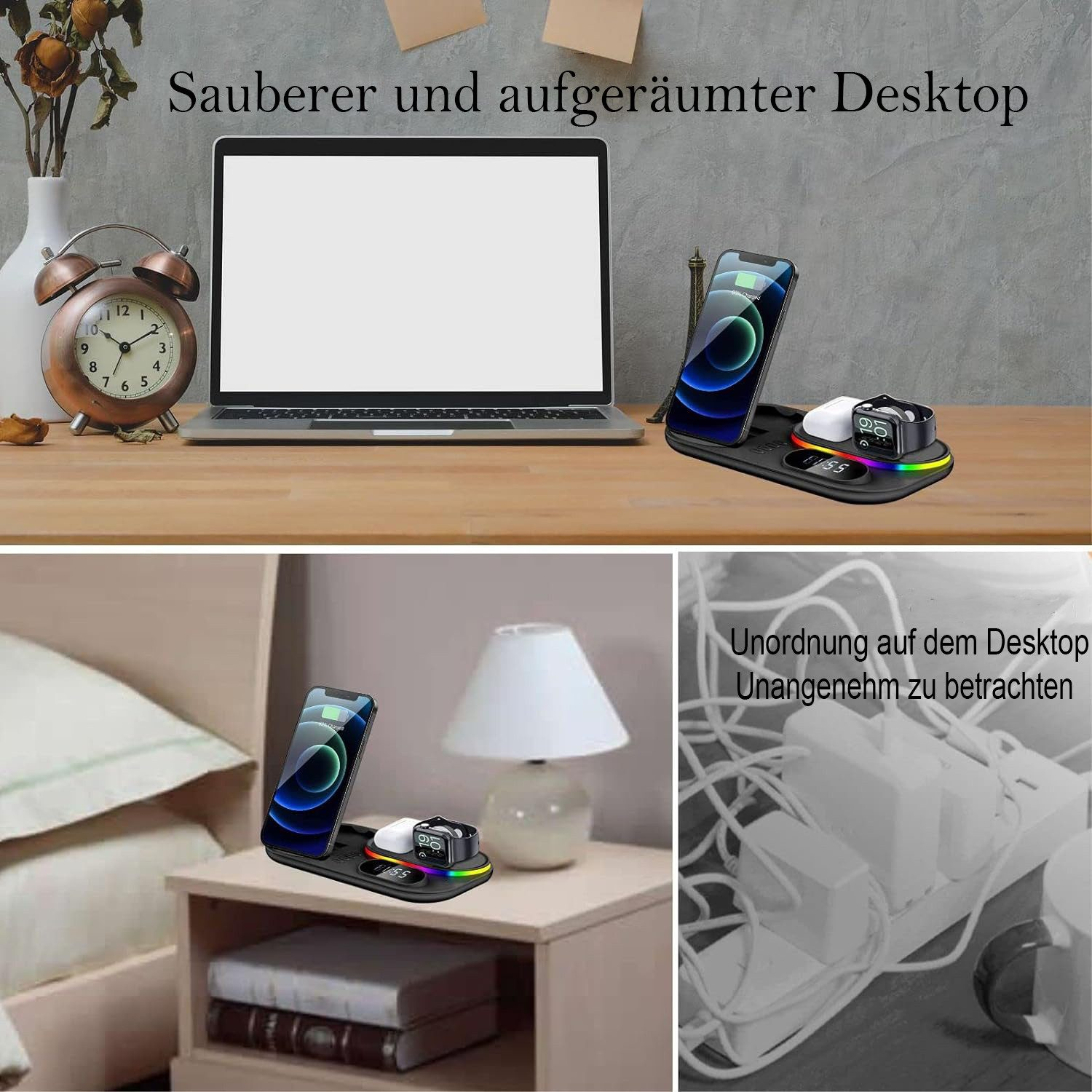 Collage, das eine Ladestation auf einem Schreibtisch mit einem Laptop und auf einem Nachttisch mit einer Lampe und Büchern zeigt.