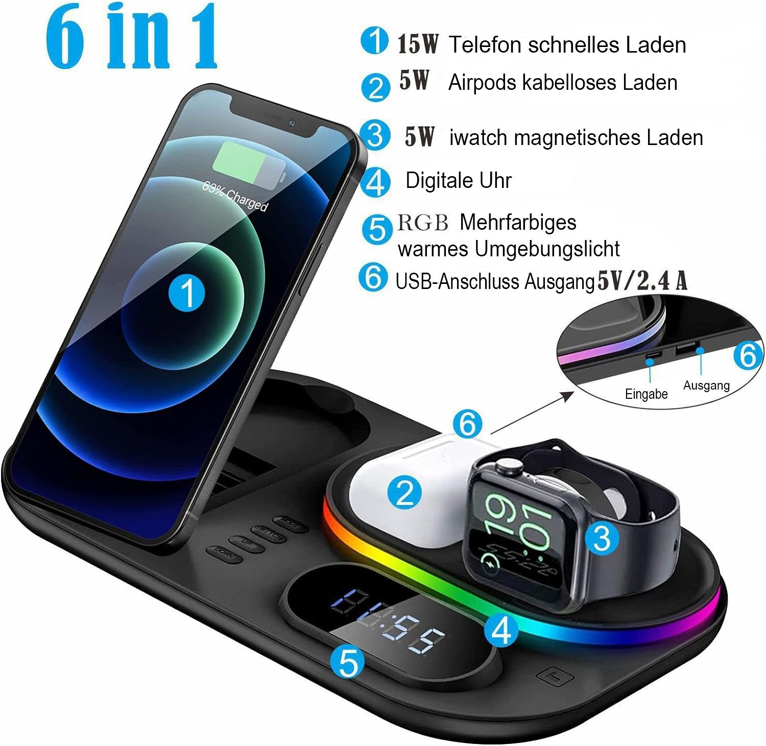 Eine 6-in-1-Ladestation mit einem Telefon, AirPods und einer Uhr. Die Station verfügt über eine Digitaluhr und RGB-Beleuchtung.