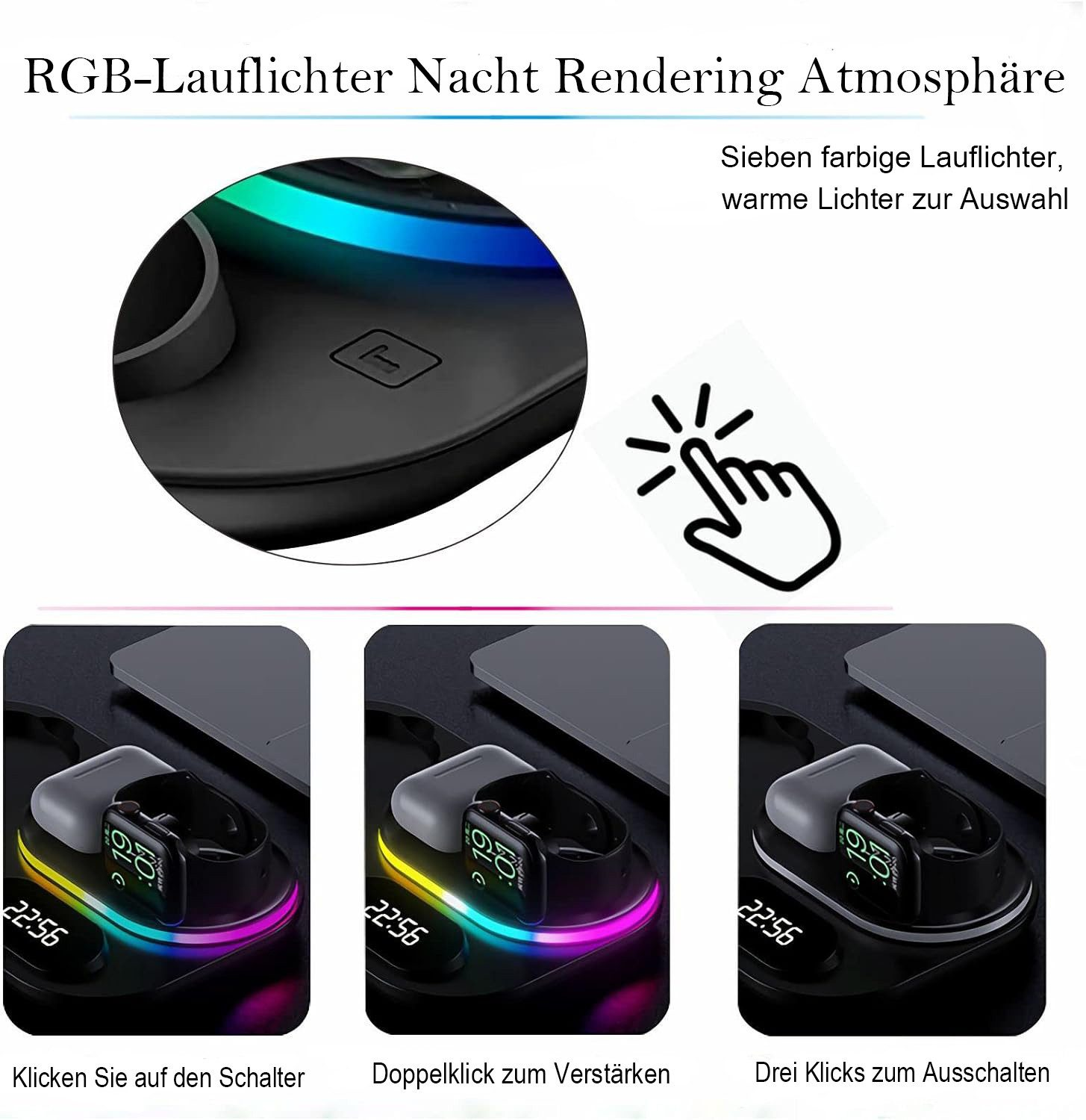 Nahaufnahme einer schwarzen Ladestation mit RGB-Beleuchtung, die den Netzschalter und eine Hand zeigt, die auf den Schalter klickt.