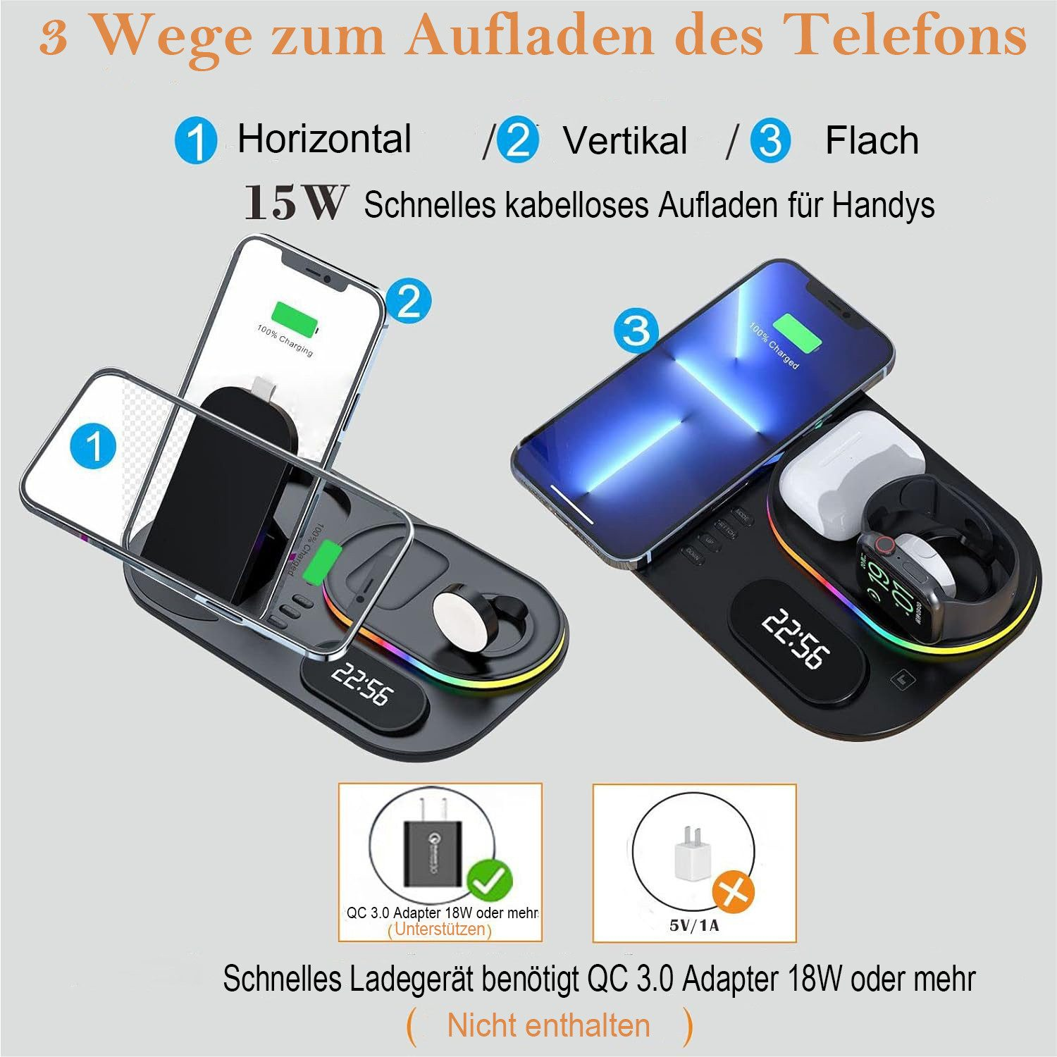 Das Bild veranschaulicht drei Möglichkeiten, ein Telefon auf einer Ladestation aufzuladen: horizontal, vertikal und flach.