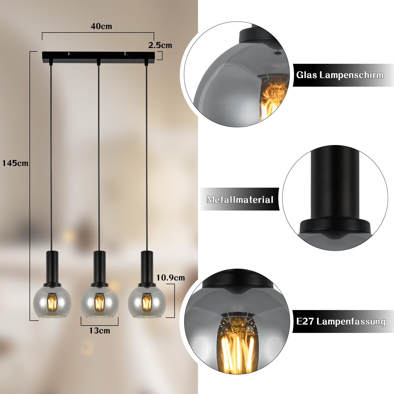 Diagramma di una lampada a sospensione con dimensioni. La lampada ha un paralume in vetro e una base in metallo.
