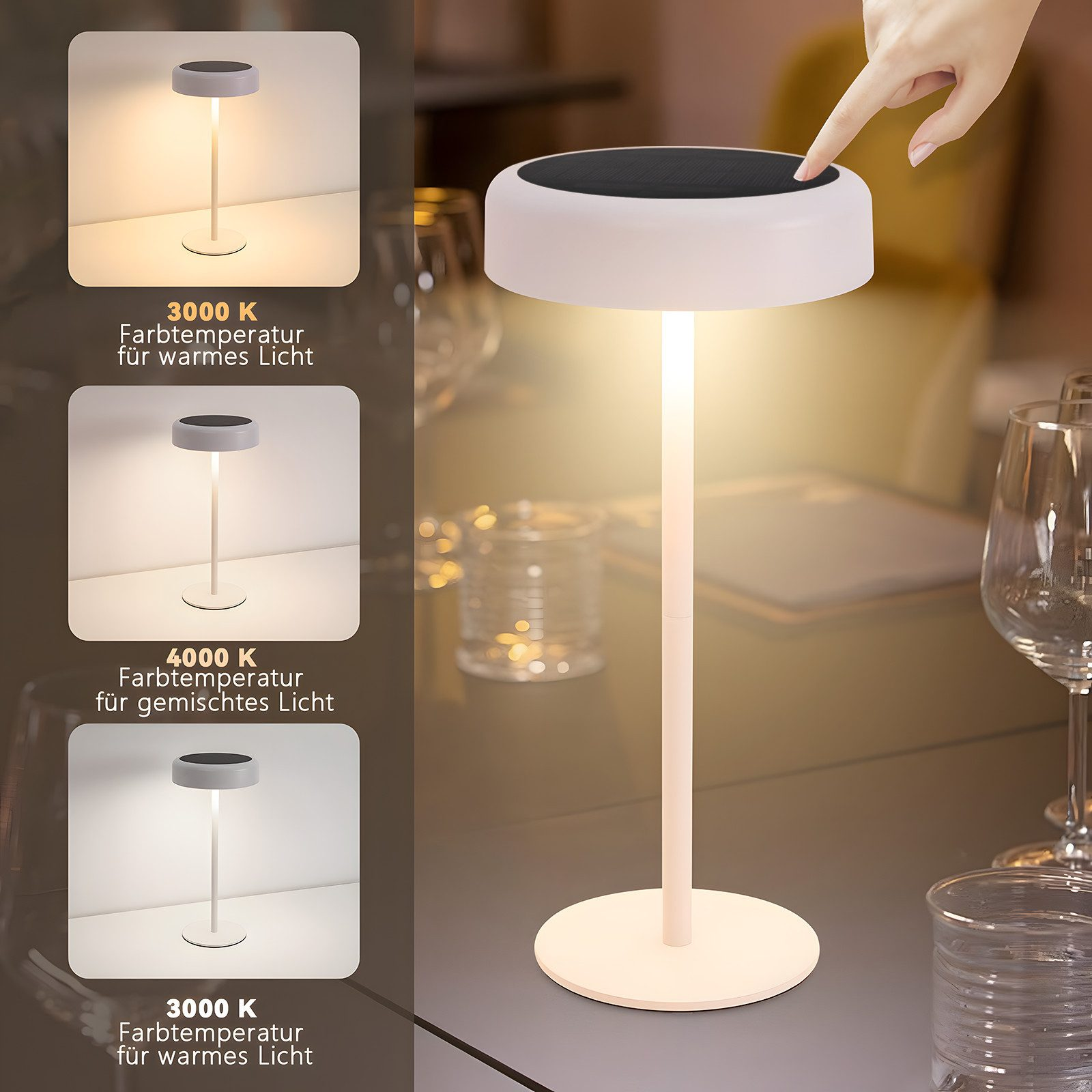 Obraz przedstawia białą, nowoczesną lampę z regulowanymi temperaturami barwowymi, na neutralnym tle.