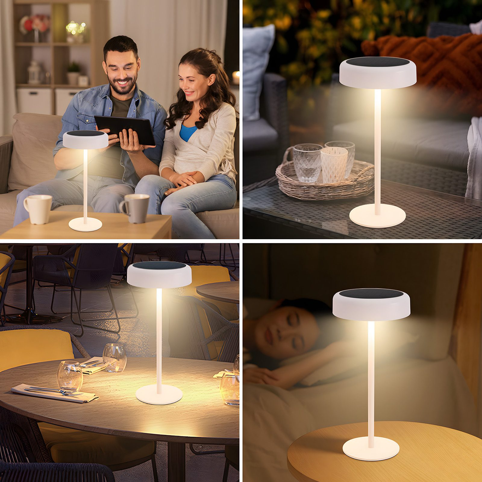 Kolaż białej lampy w różnych ustawieniach: na stole, gdy para korzysta z tabletu, na zewnątrz i na szafce nocnej.