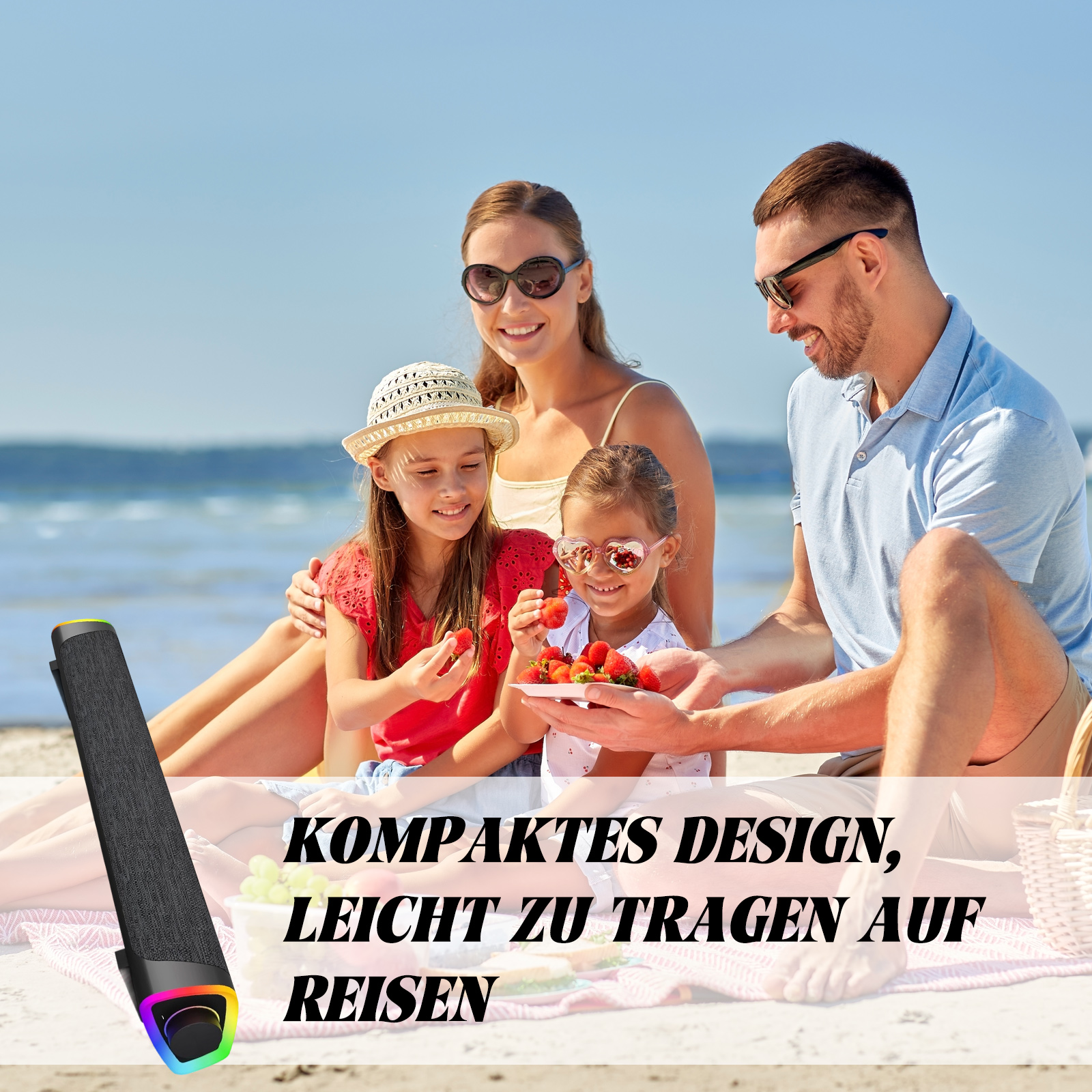Eine schwarze Soundbar mit RGB-Beleuchtung an einem Strand in der Nähe einer Familie. Text sagt "Kompaktes Design, Leicht zu tragen auf Reisen"