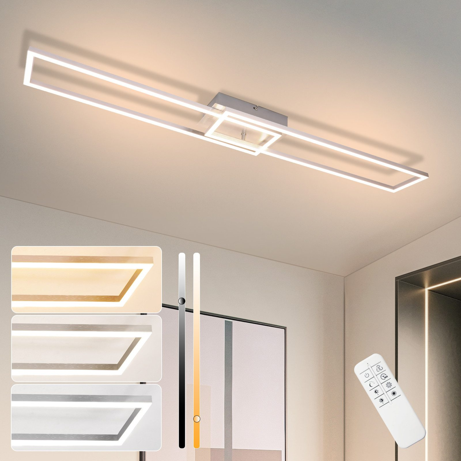 Nowoczesna lampa sufitowa LED o prostokątnym kształcie i pilotem w neutralnym otoczeniu pokoju.