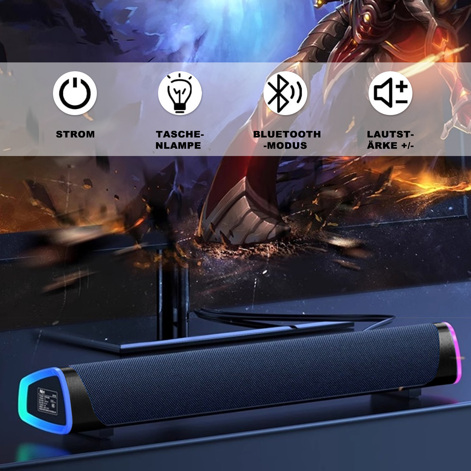 Eine schwarze Soundbar mit RGB-Beleuchtung vor einem Monitor. Der Monitor zeigt ein Videospiel.