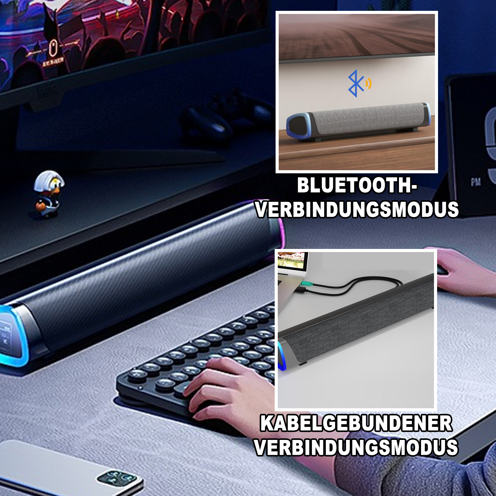 Das Bild zeigt eine Nahaufnahme eines Schreibtisches mit einer Soundbar, einer Tastatur und anderem Zubehör.
