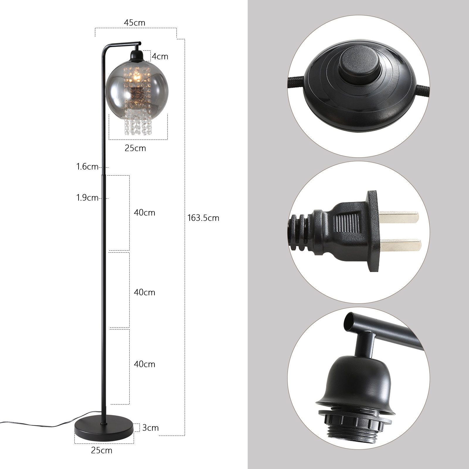 Das Bild zeigt eine schwarze Stehlampe mit einem kugelförmigen Lampenschirm, die ihr Design und ihre Abmessungen zeigt.
