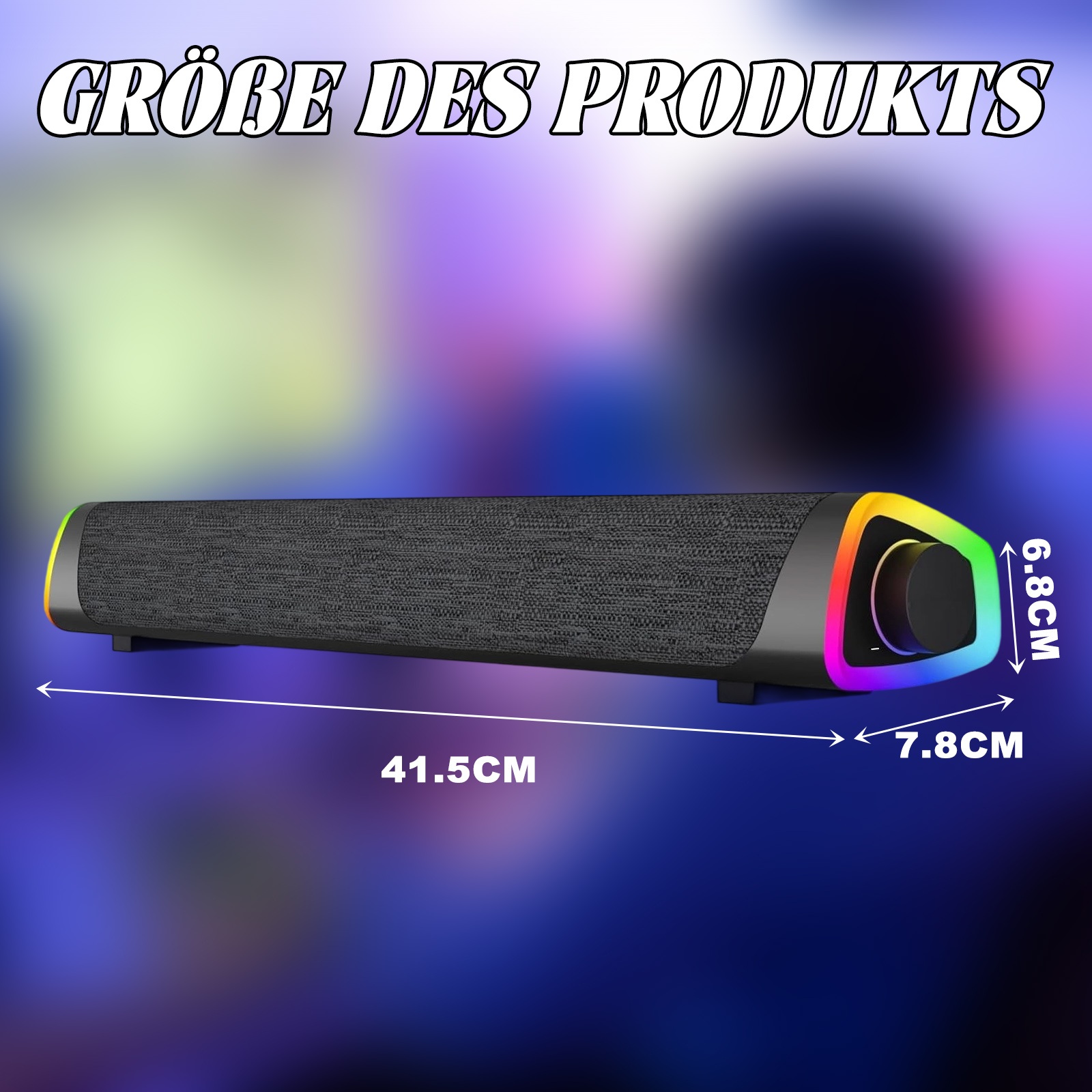Eine Soundbar mit Abmessungen, die vor einem verschwommenen, farbenfrohen Hintergrund angezeigt werden.