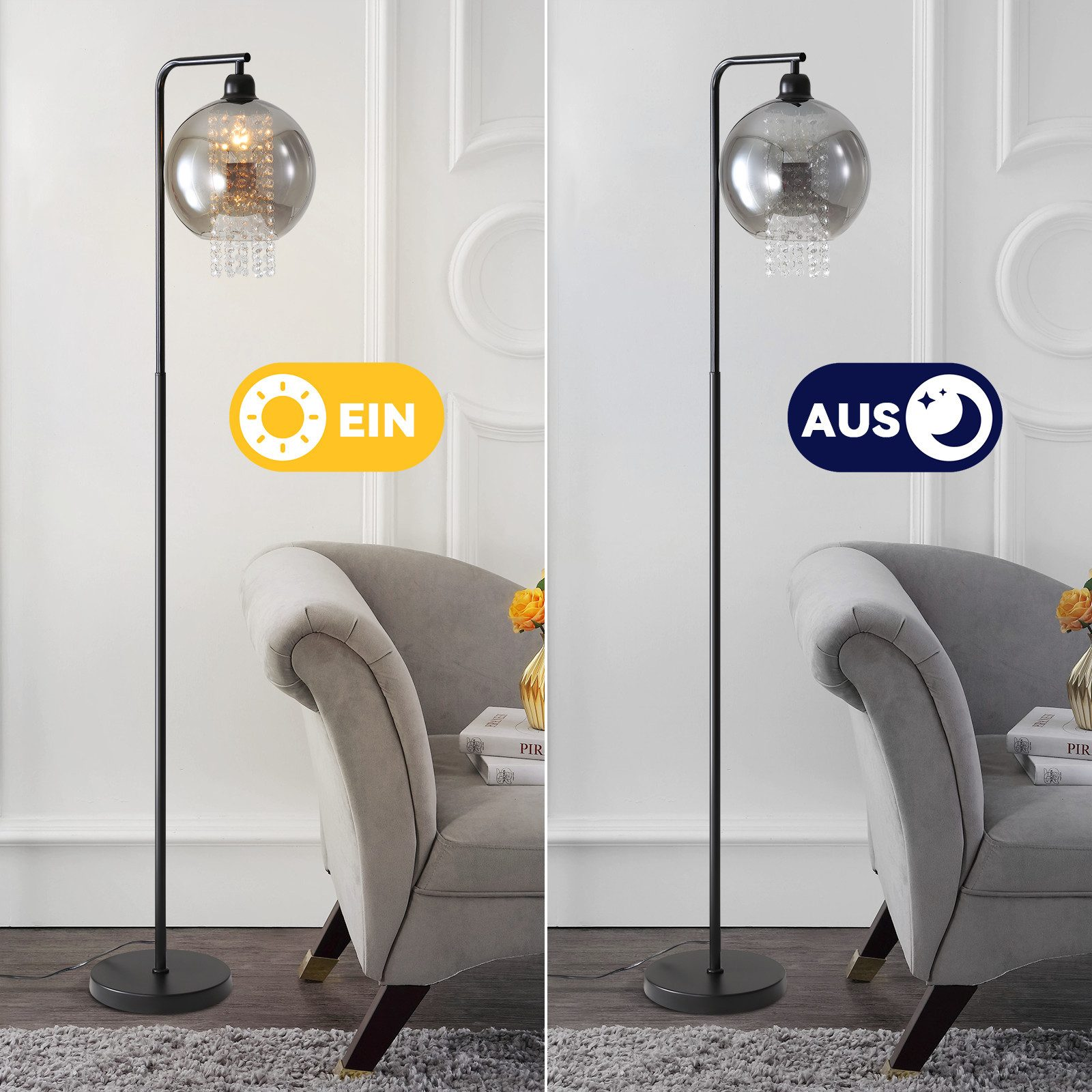 Eine Stehlampe mit einem kugelförmigen Lampenschirm wird sowohl in beleuchteter als auch in unbeleuchteter Umgebung vor einer Wand und einem Sessel gezeigt.