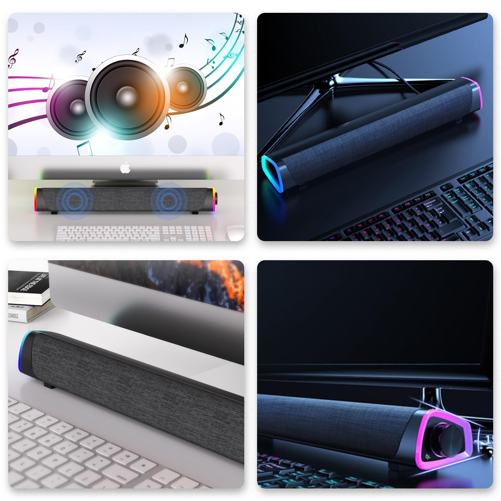 Eine Collage von Bildern, die eine Soundbar in verschiedenen Umgebungen zeigen, darunter mit einem Computer und einer Tastatur.