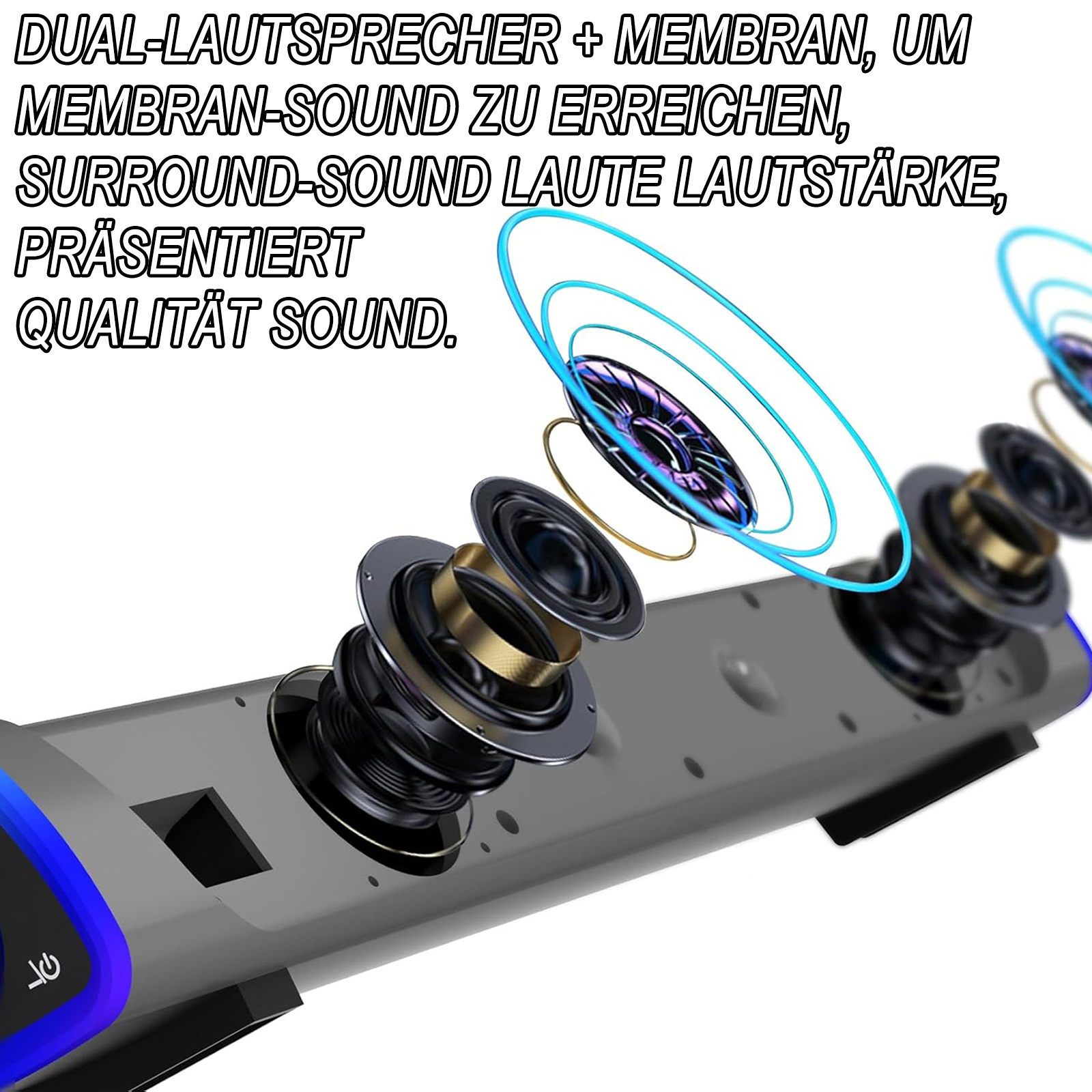 Explosionsansicht der internen Komponenten einer Soundbar, die das Dual-Lautsprecher- und Membrandesign hervorhebt.