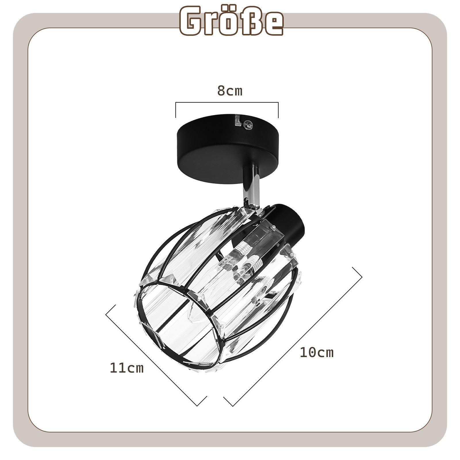 Dimensioni di una plafoniera con gabbia di cristallo e base nera mostrate in centimetri.