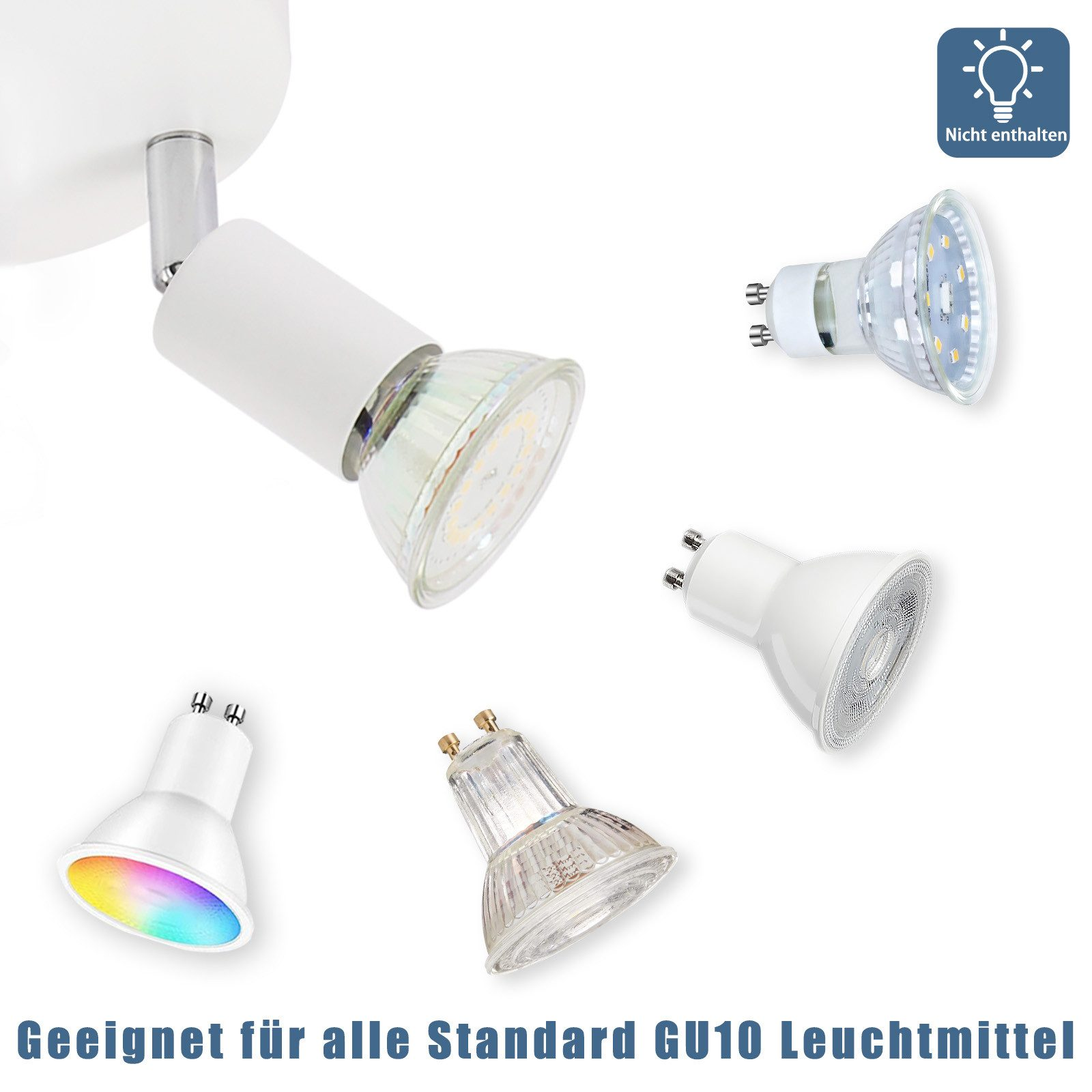 Diverse lampadine GU10 con diversi design sono esposte accanto a un faretto bianco.