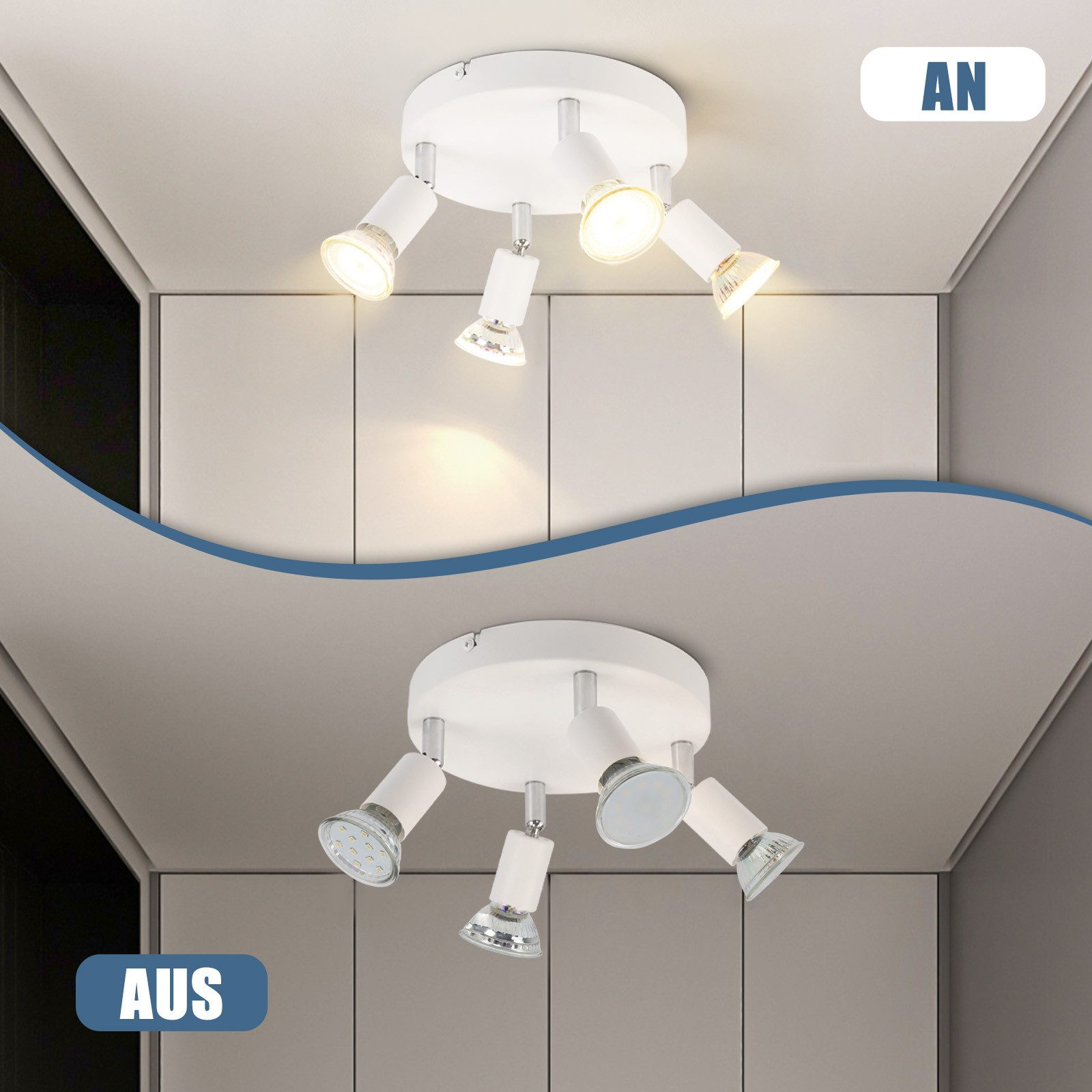 Una plafoniera bianca con quattro faretti è mostrata, sia accesa che spenta, su un soffitto grigio.