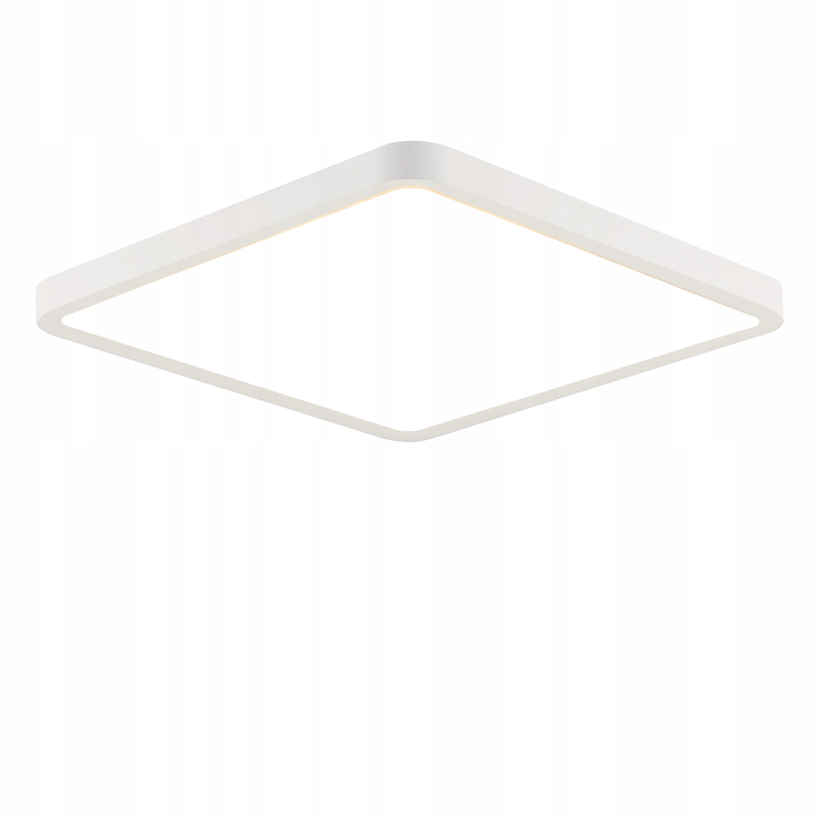 Una plafoniera a LED bianca quadrata con angoli arrotondati, centrata su uno sfondo bianco semplice.