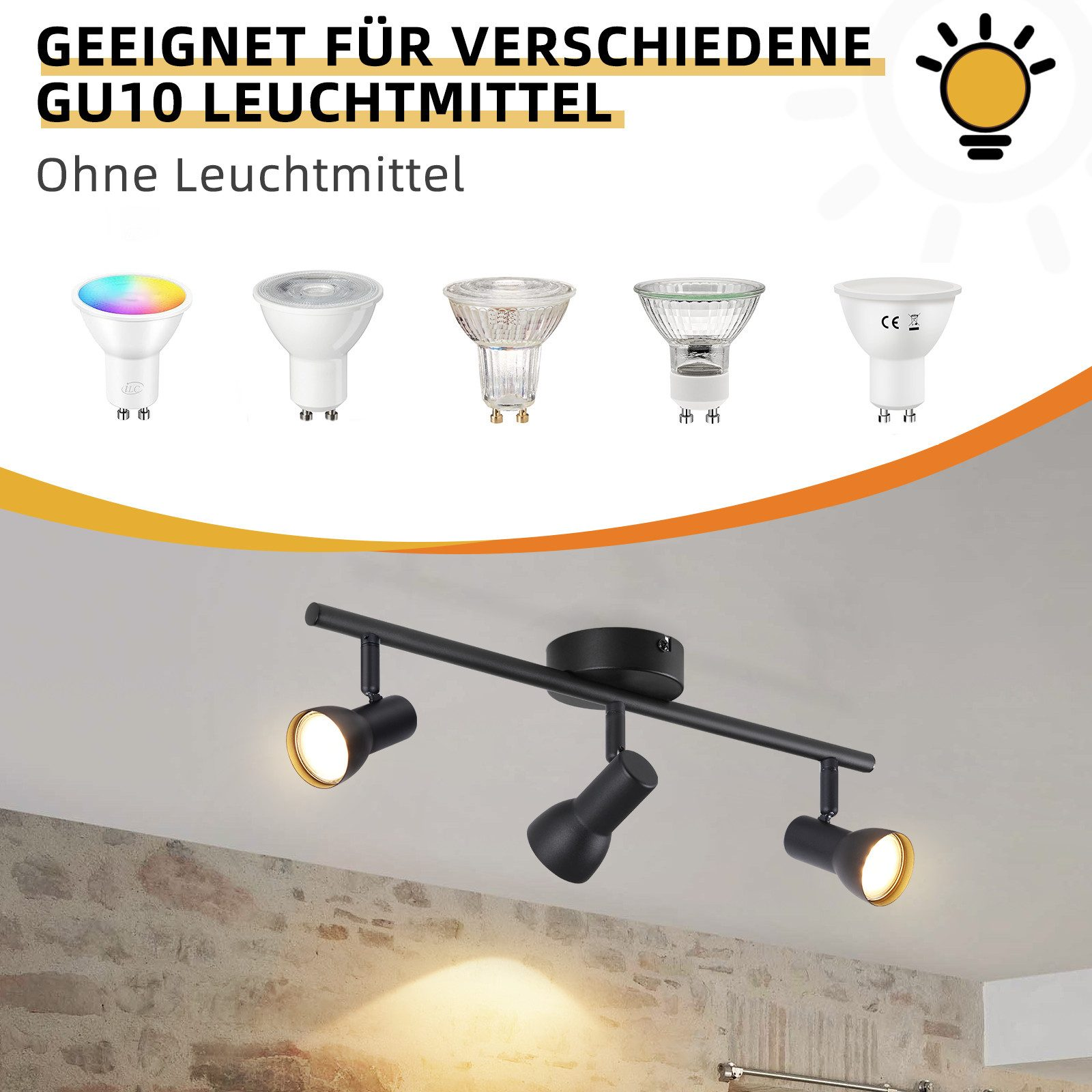 Una lampada da binario nera viene visualizzata con una grafica che mostra che supporta varie lampadine GU10, lampadine non incluse.