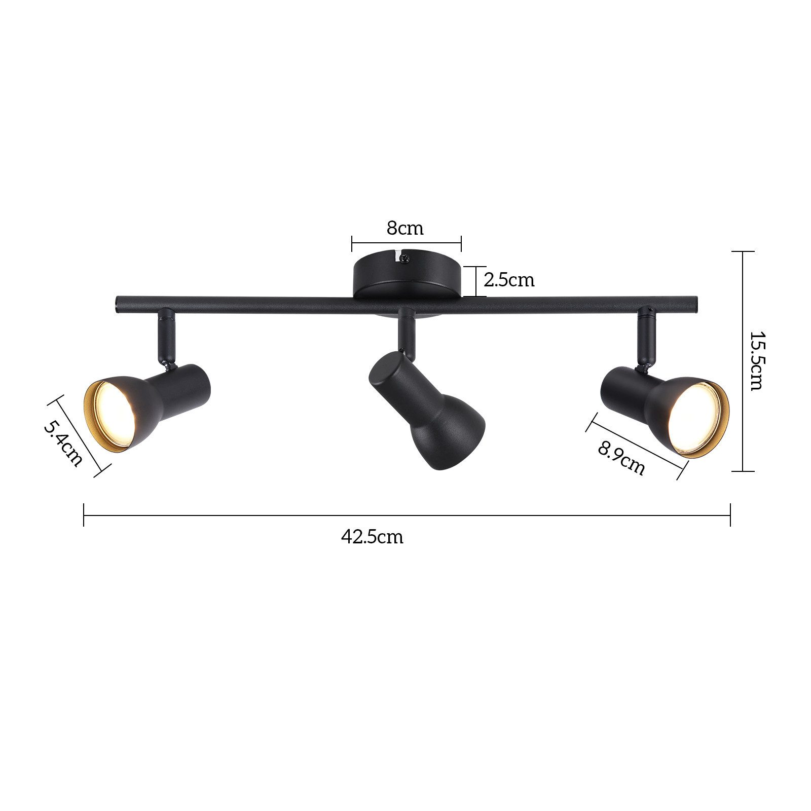 Diagramma dimensionale di una lampada da binario nera a tre luci, che mostra le misure in centimetri.