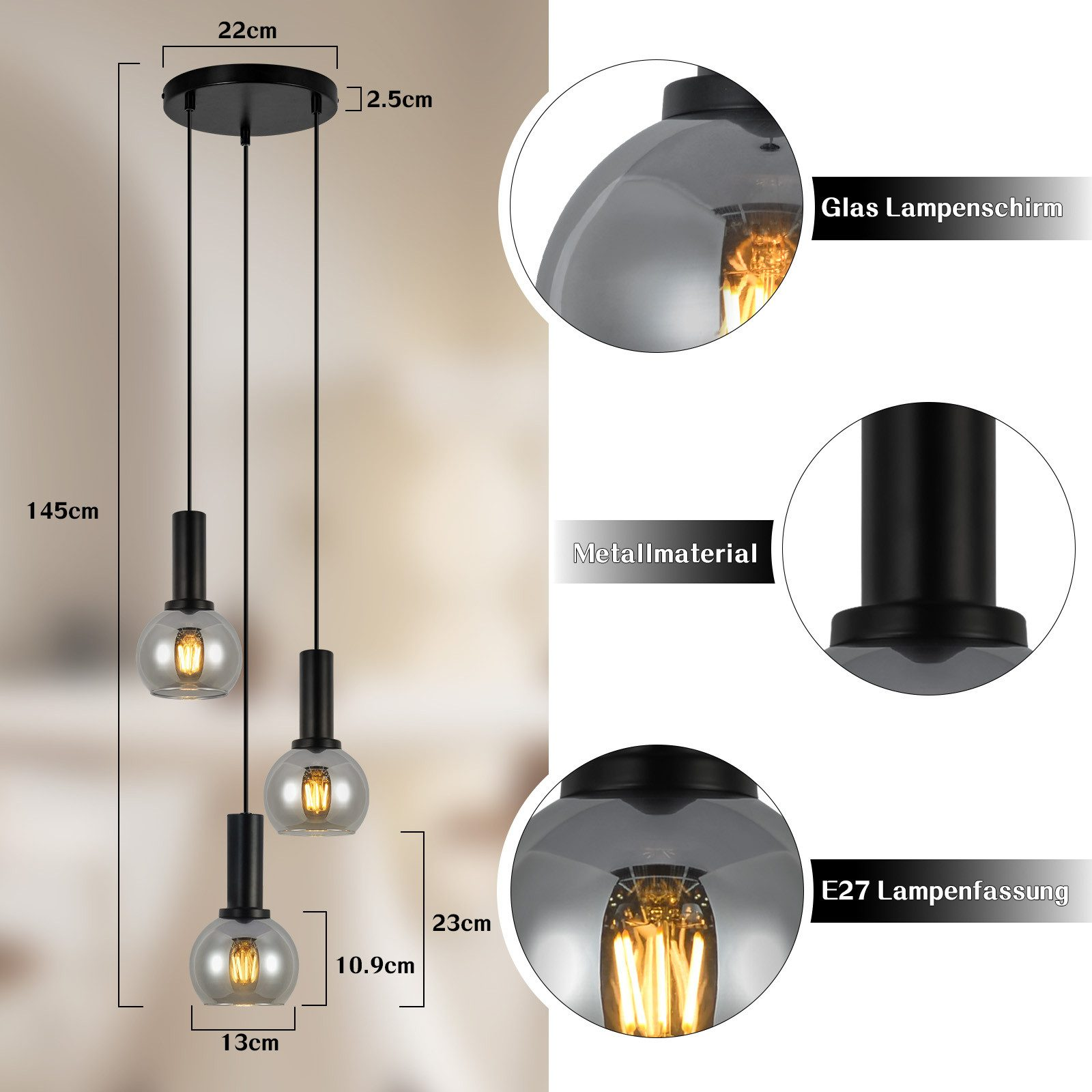 Schemat przedstawiający wymiary i materiały lampy wiszącej z kloszem z przydymionego szkła i czarnymi detalami mocującymi.