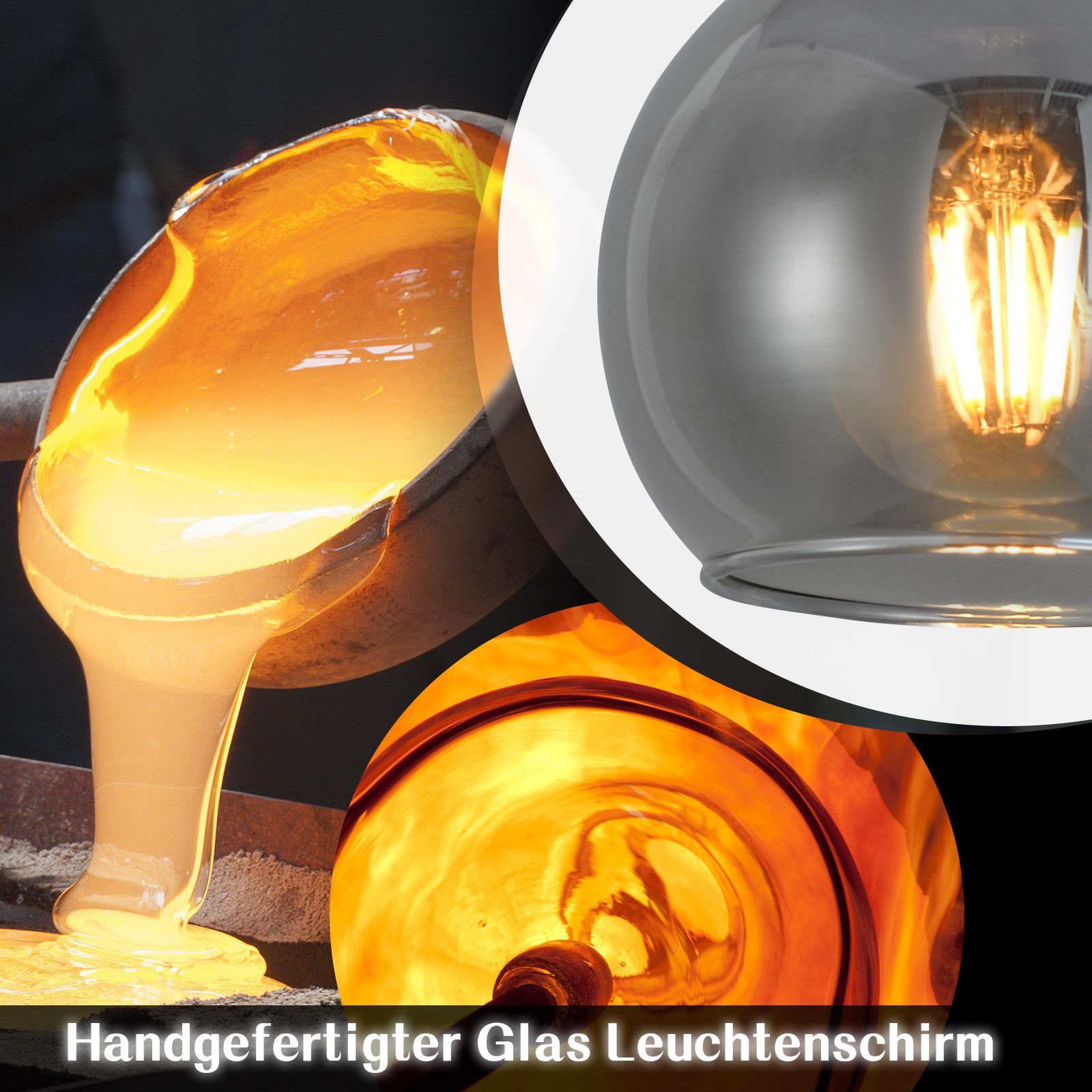 Zbliżenie lampy wiszącej z przydymionego szkła i stopionego szkła, podkreślające kunszt i materiały użyte w jej produkcji.