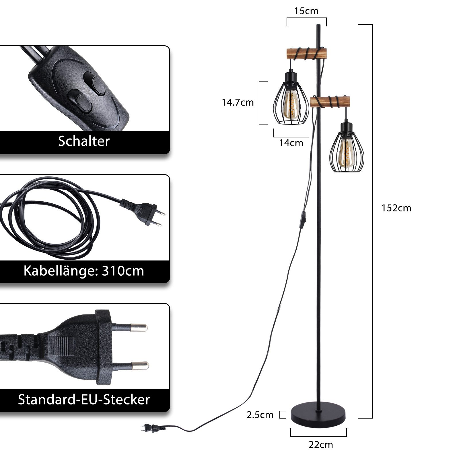 Un diagramma che mostra le dimensioni e le caratteristiche di una lampada da terra con due luci ingabbiate.