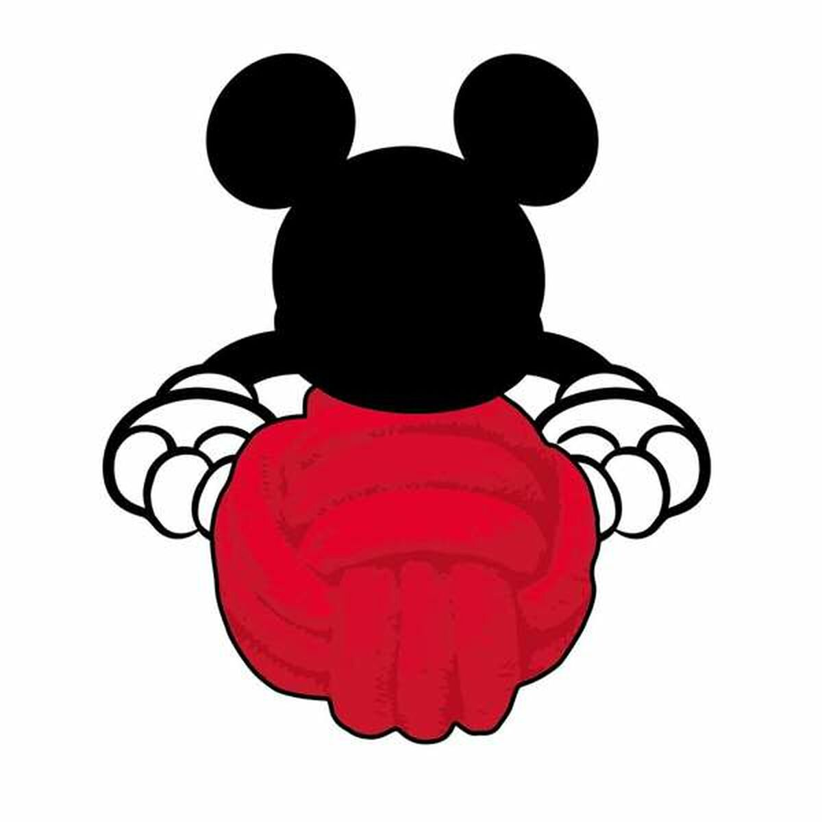 Topolino tiene in mano una palla rossa in questa immagine da cartone animato su sfondo bianco.