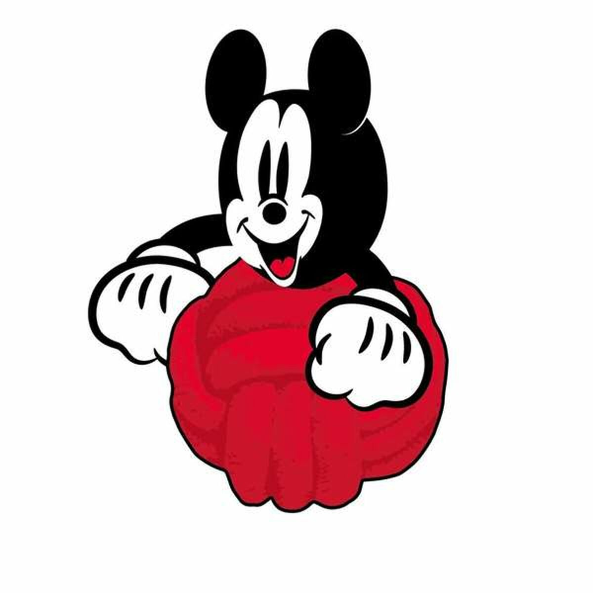 Topolino tiene in mano una palla rossa in questa immagine da cartone animato su sfondo bianco.