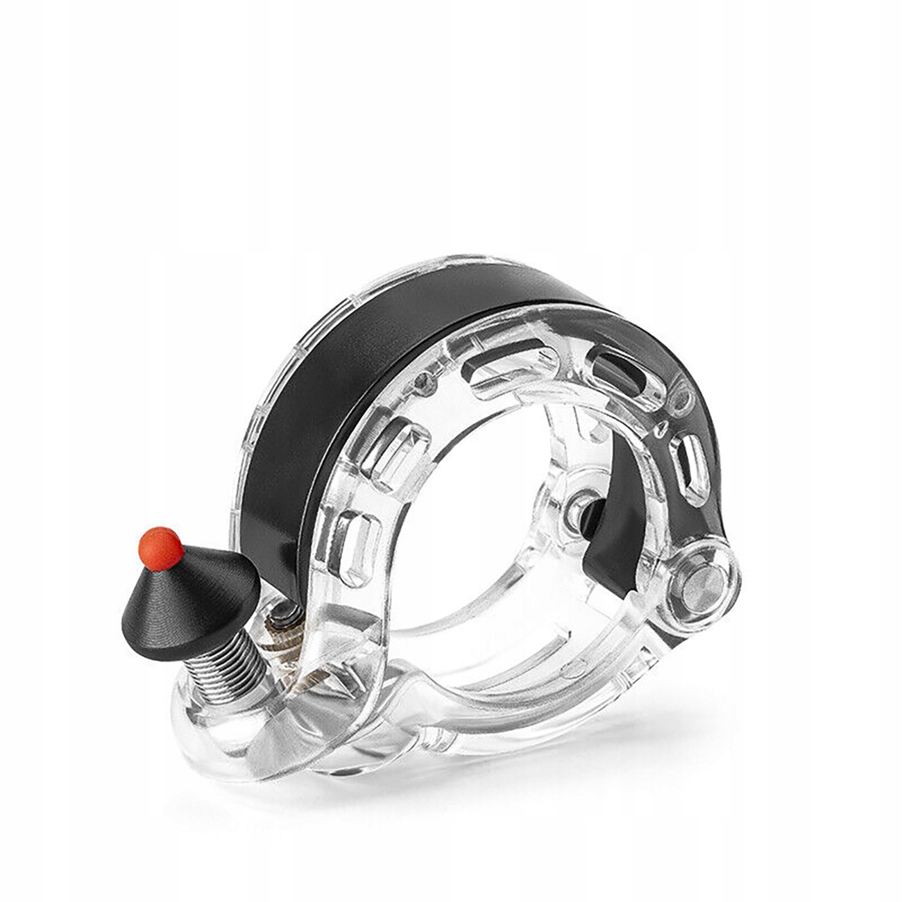 Przezroczysta plastikowa podstawa routera z czarnymi akcentami jest pokazana na białym tle.