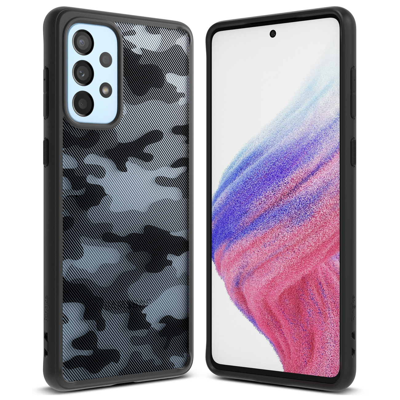 Dwa telefony Samsung w etui, jeden z czarnym wzorem kamuflażu.