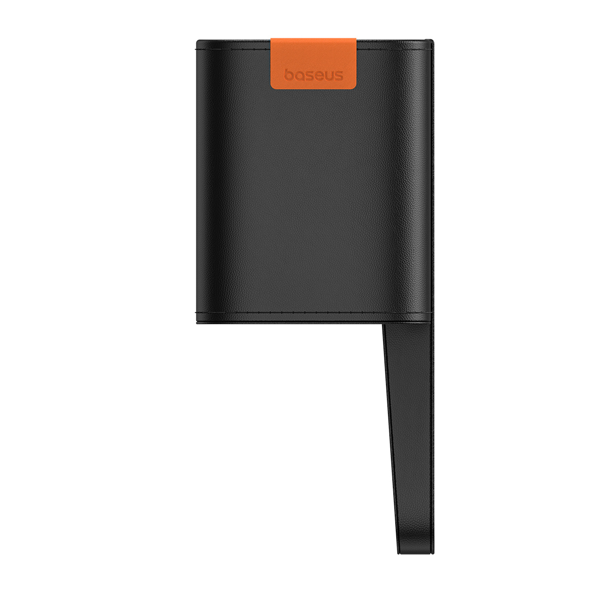 Pionowy czarny organizer do wypełniania przestrzeni między fotelami samochodowymi z pomarańczowym logo Baseus na białym tle, prezentujący smukłą konstrukcję.