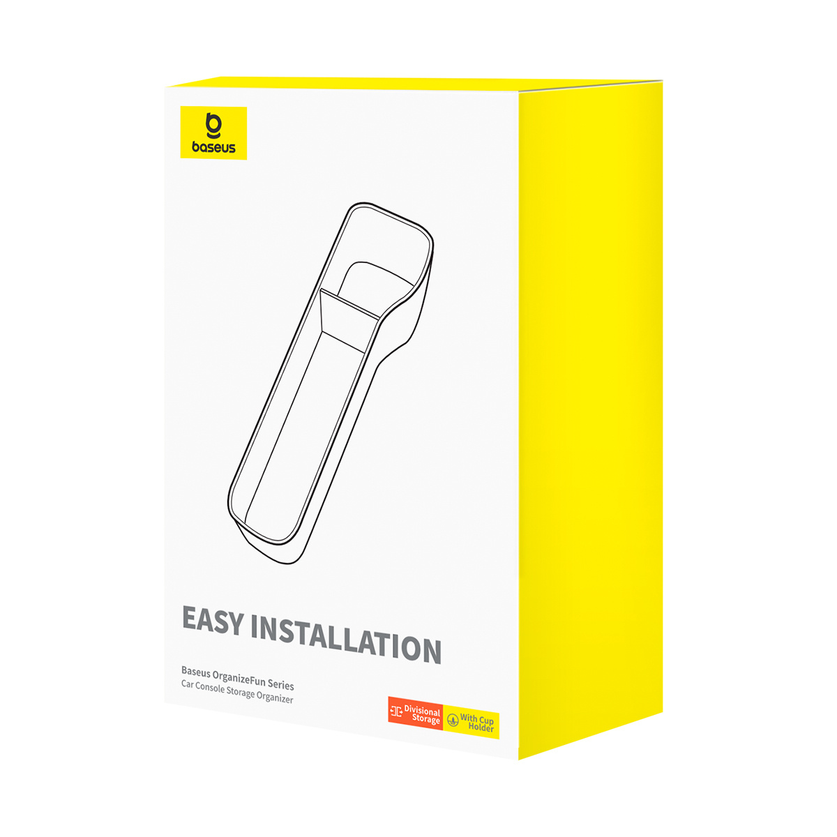 Pudełko organizera do przechowywania w konsoli samochodowej Baseus z grafiką łatwej instalacji na białym i żółtym pudełku.