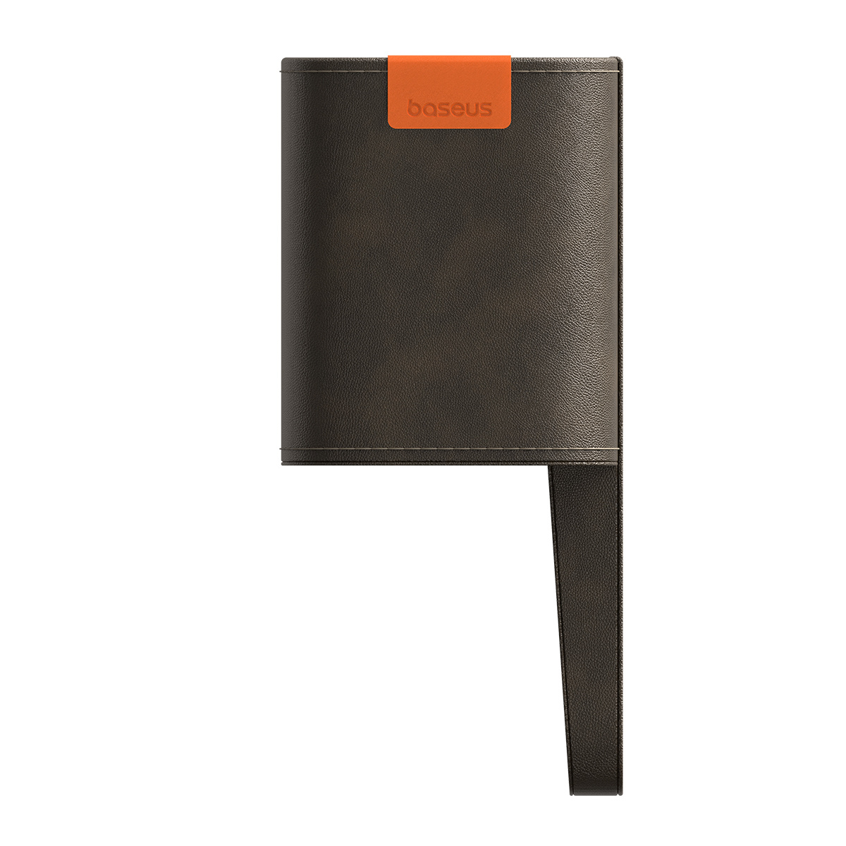 Brązowy organizer na siedzenie samochodowe z czarnym wnętrzem i pomarańczową etykietą Baseus na górze, na białym tle.