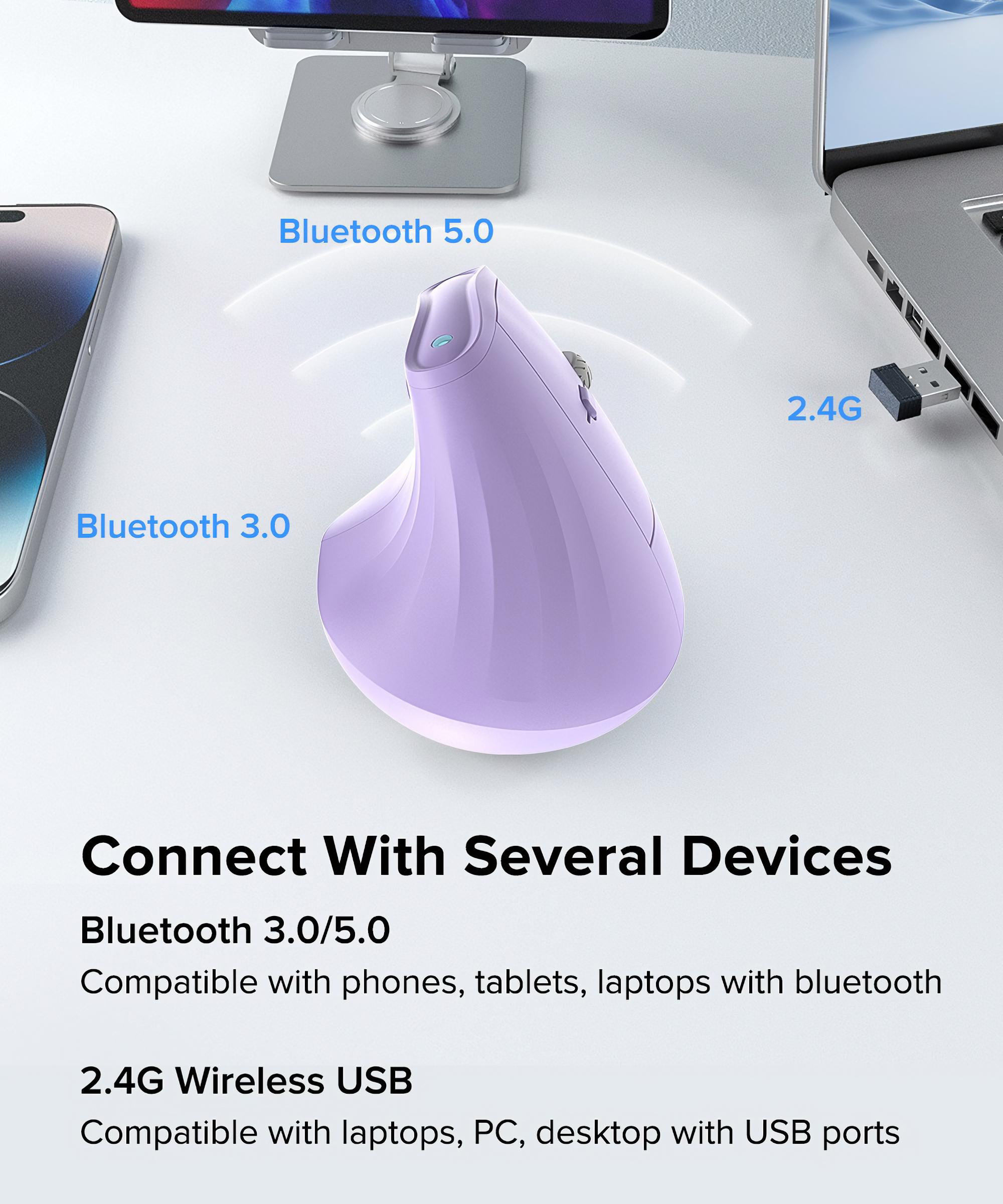 Eine lila ergonomische Maus wird gezeigt, die mit einem Telefon, Laptop und USB-Dongle auf einer weißen Oberfläche verbunden ist.