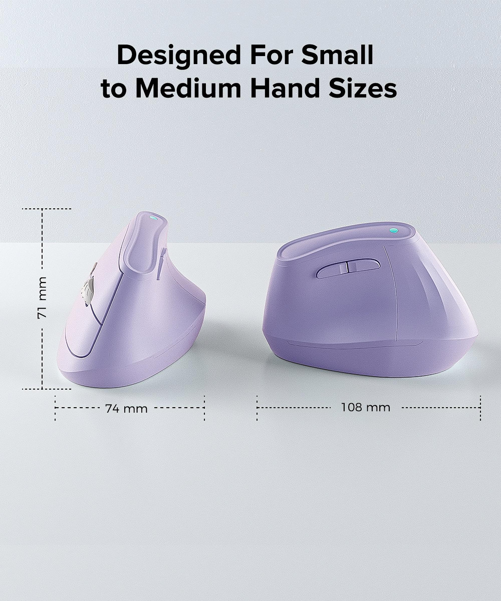 Zwei lila ergonomische Mäuse mit Abmessungen, die für kleine bis mittlere Handgrößen entwickelt wurden.