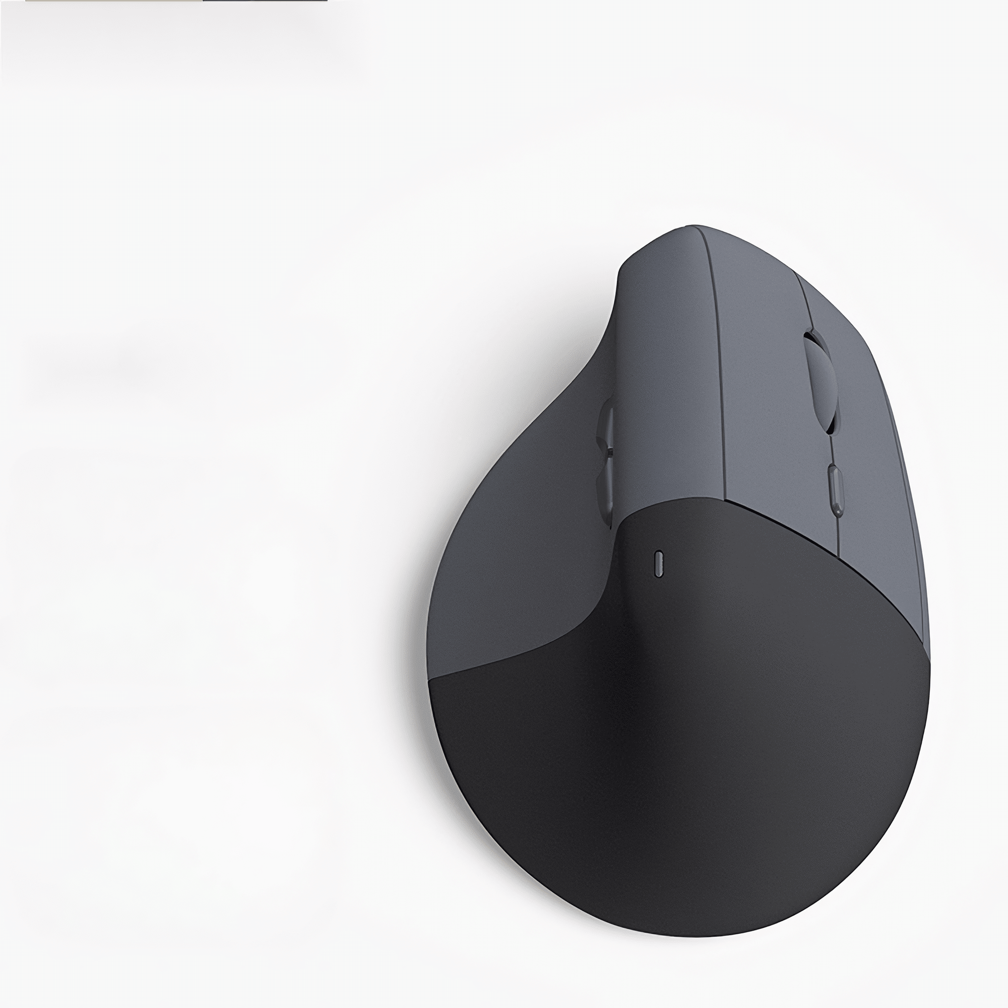 Eine grau-schwarze ergonomische Maus. Die Maus ist für die vertikale Nutzung konzipiert.
