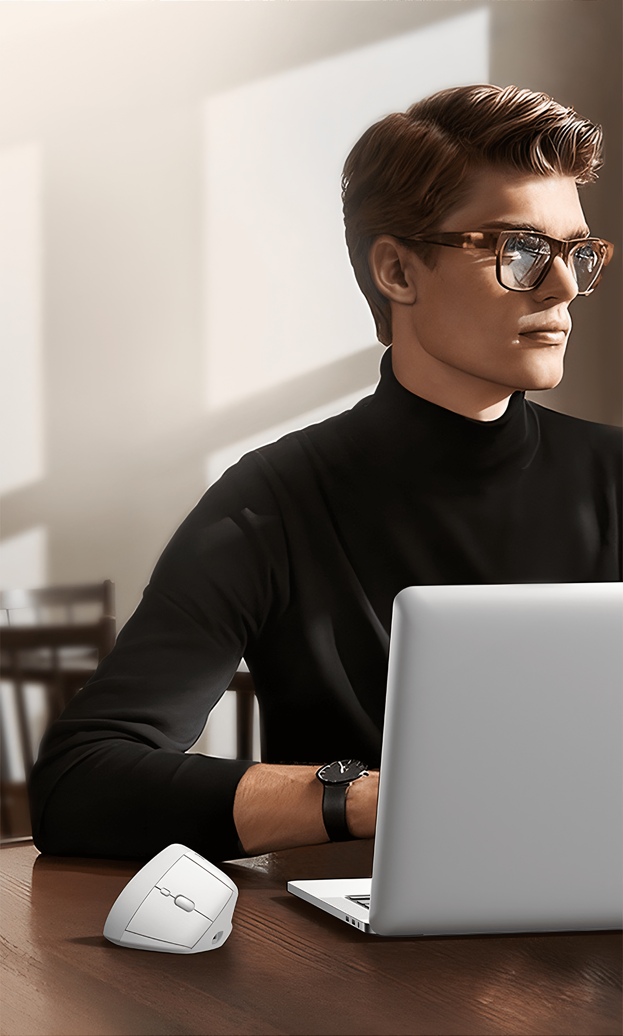 Ein Mann trägt eine Brille und einen schwarzen Rollkragenpullover, während er einen weißen Laptop mit Maus benutzt.