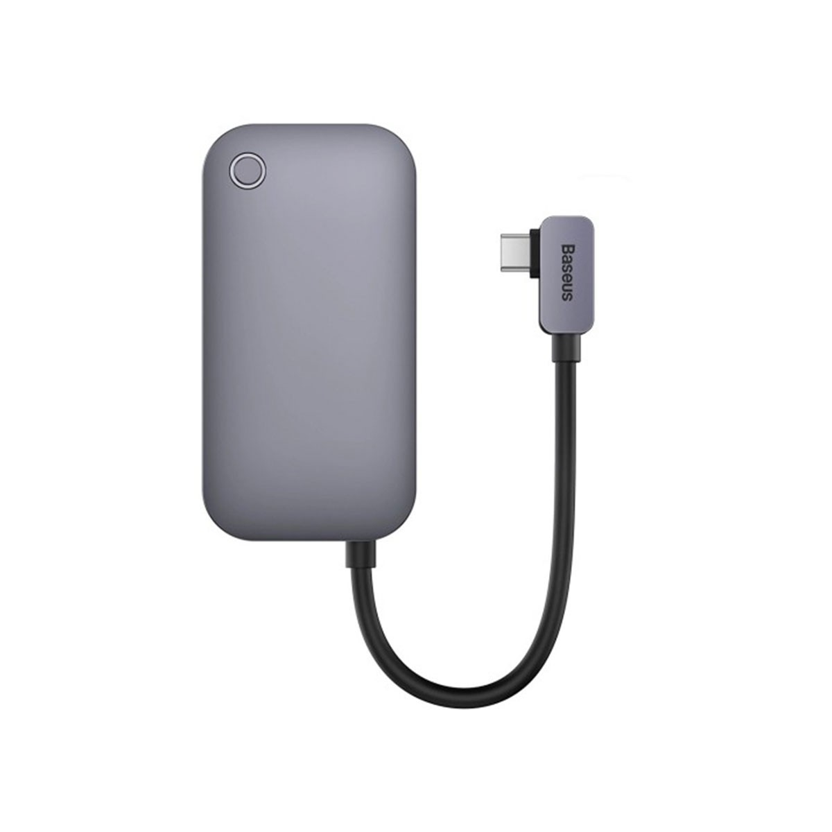 Szary hub USB-C z krótkim, elastycznym czarnym kablem i logo Baseus na złączu.
