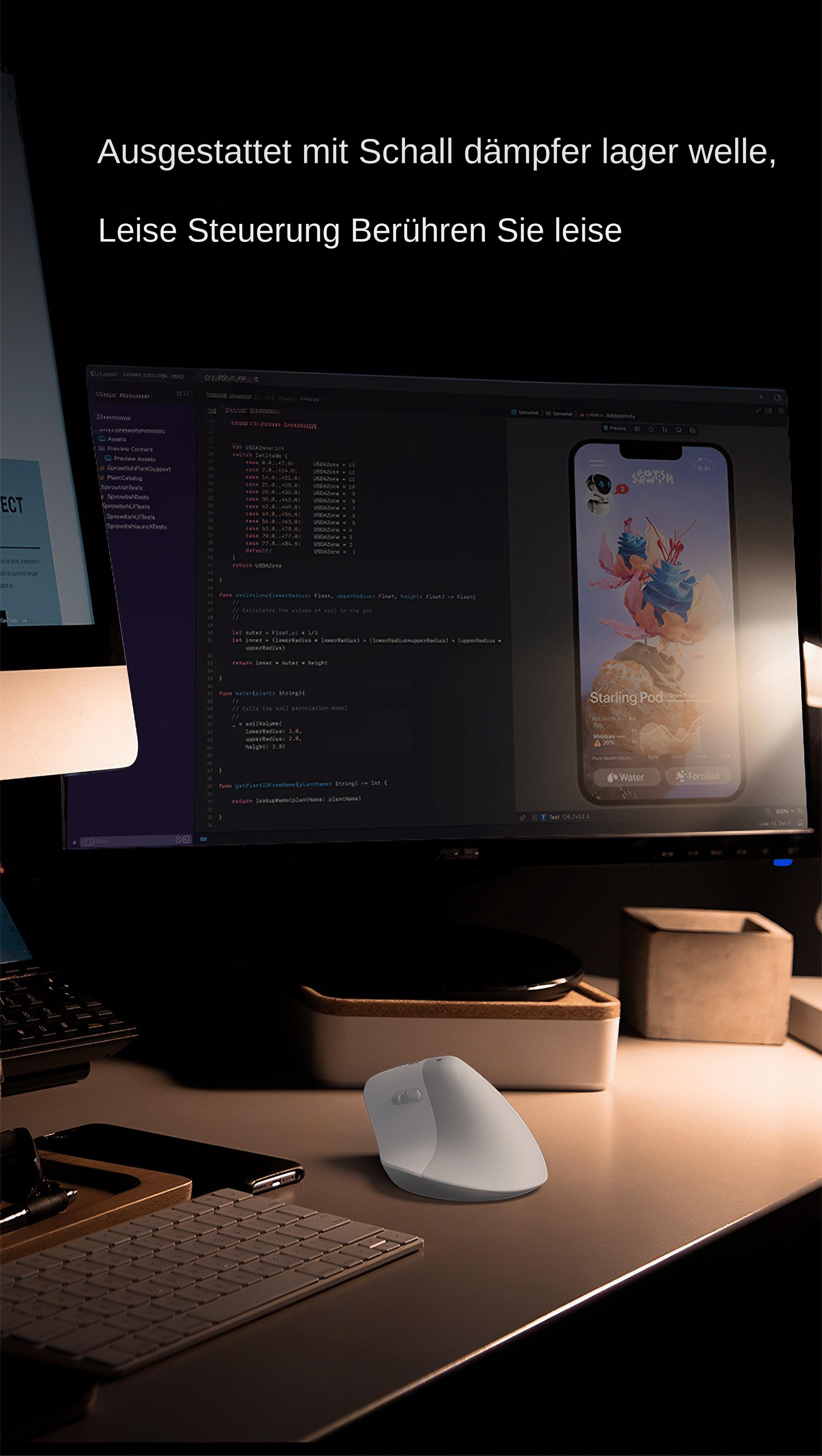 Ein Computermonitor zeigt Code und eine Smartphone-App neben einer weißen ergonomischen Maus auf einem Schreibtisch.