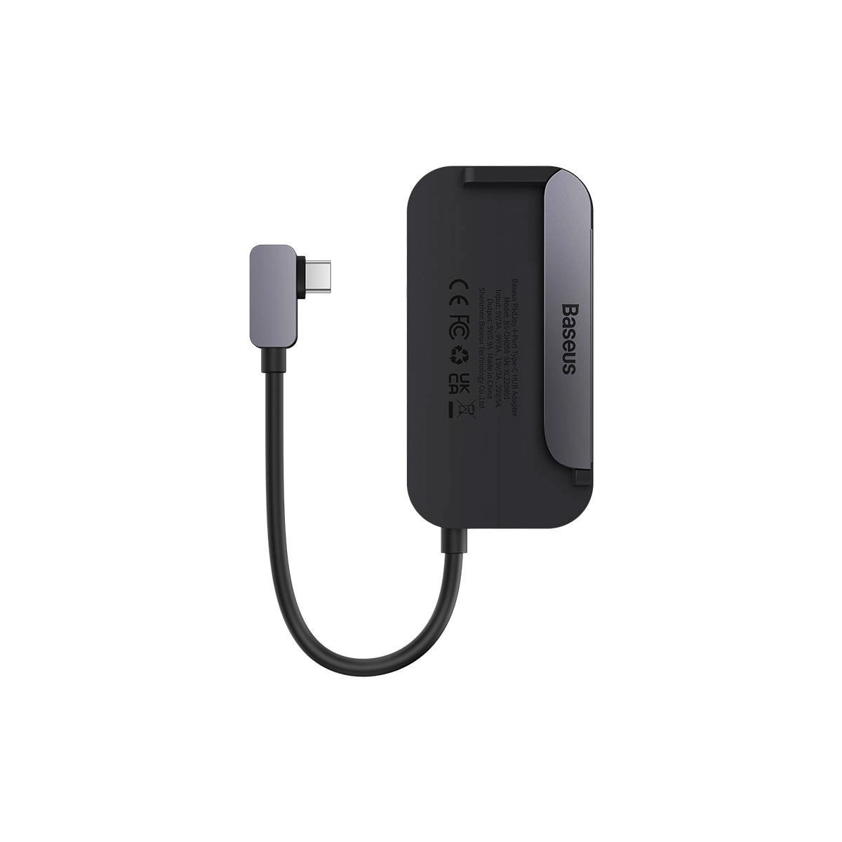 Czarny adapter Baseus z krótkim, kątowym kablem USB-C jest wyświetlany na białym tle.