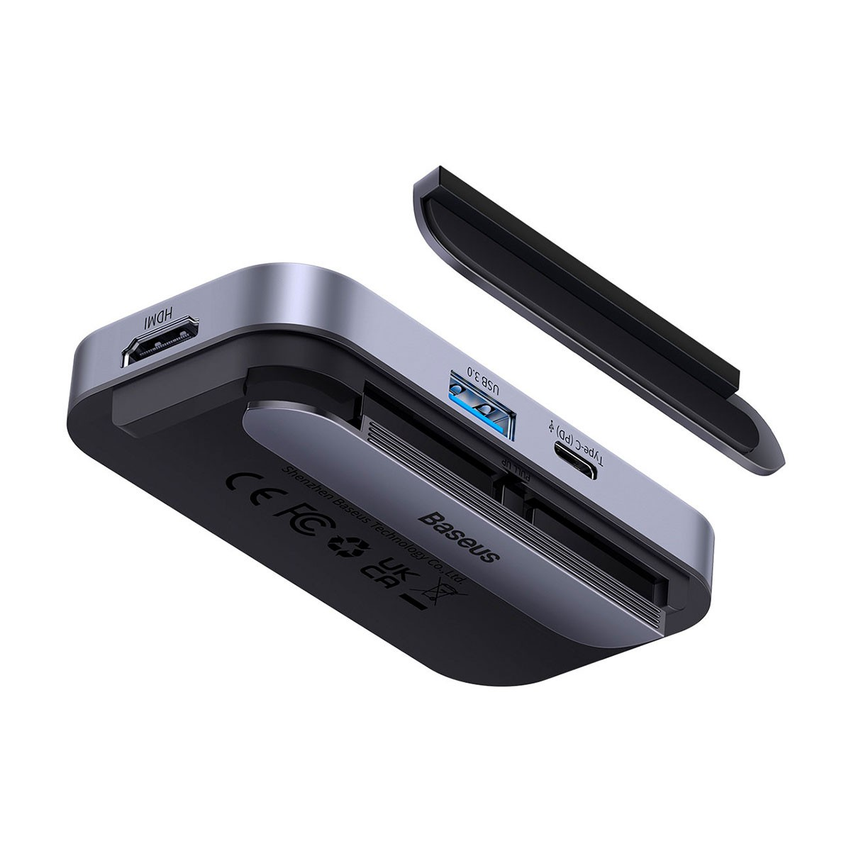 Szary adapter wieloportowy Baseus z portami HDMI, USB i Type-C jest pokazany na białym tle.