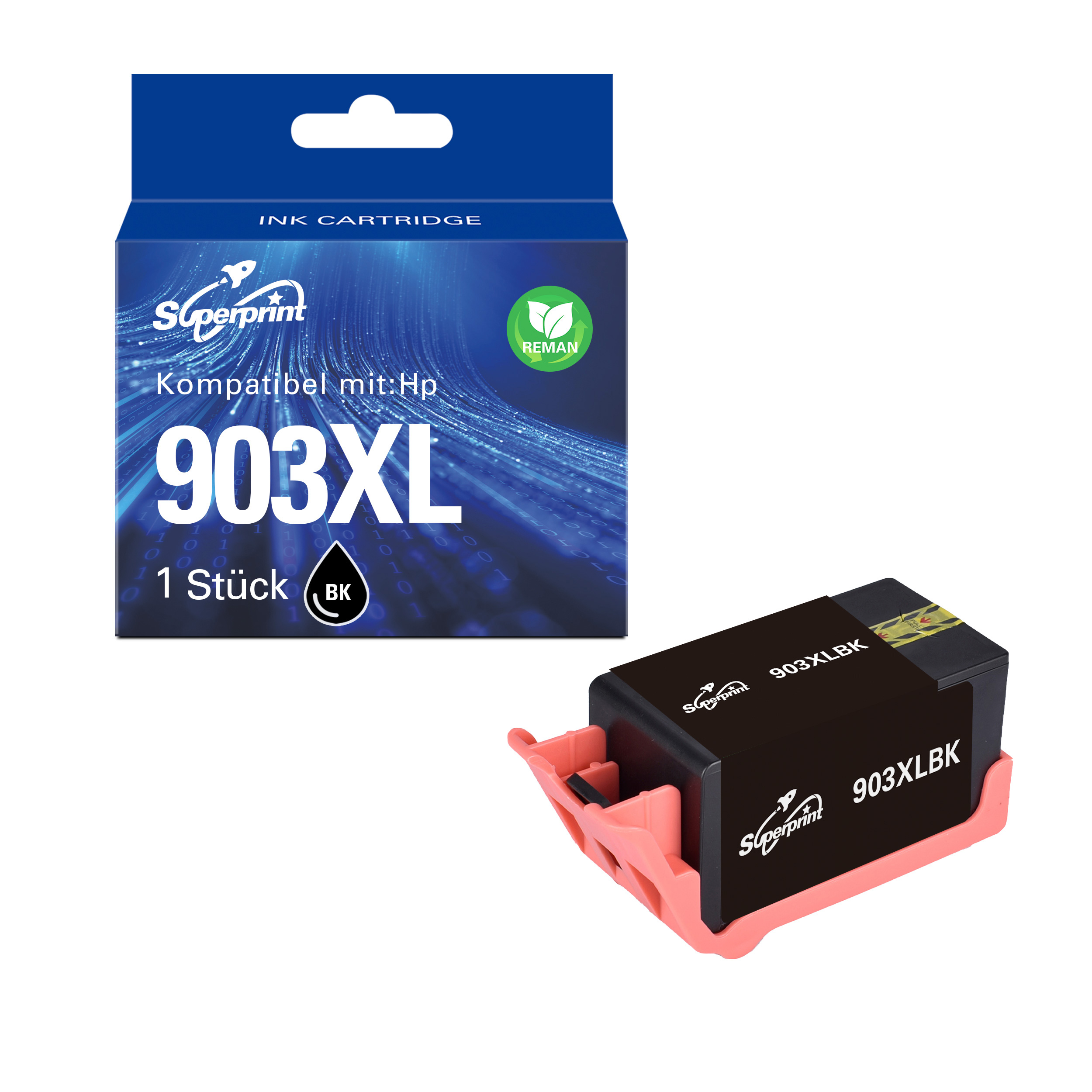 Een Superprint 903XL zwarte inktcartridge en de verpakking ervan worden weergegeven op een witte achtergrond.